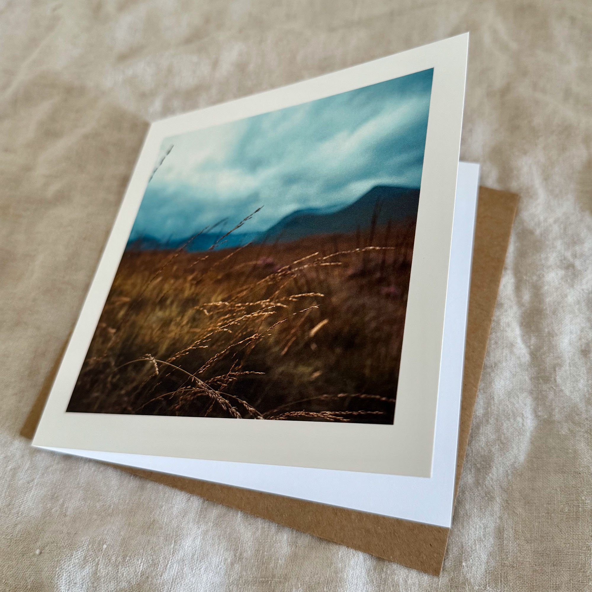 Close-up of Reeds greeting card showing textured cardstock, blank inside, and print quality.