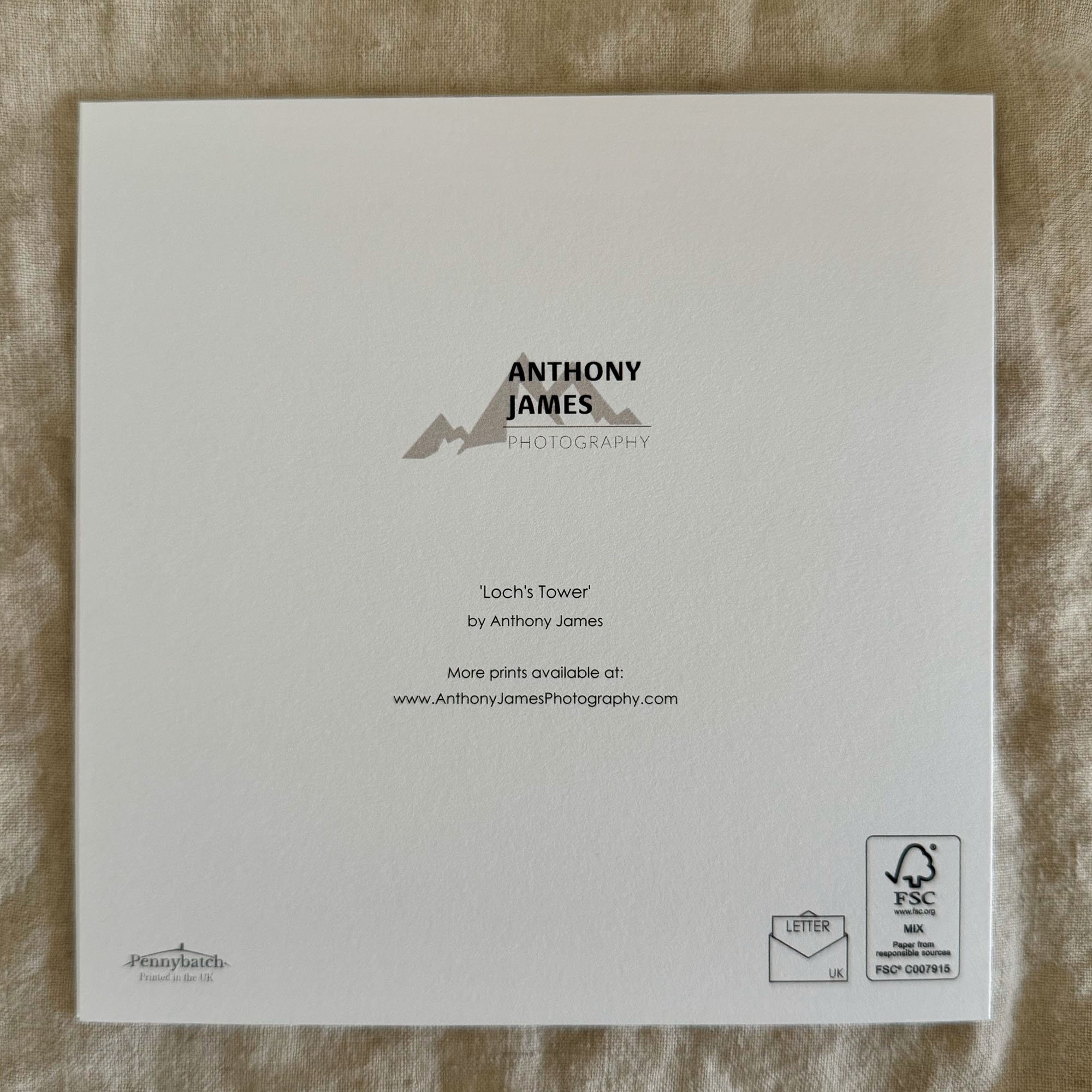 Back of Loch's Tower greeting card featuring Anthony James Photography branding and eco-friendly materials.