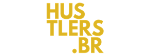 Logotipo com texto "HUSTLERS.BR" em amarelo sobre fundo branco.