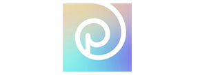 Logotipo com um fundo degradê em tons pastel e um símbolo de linha curva branca.
