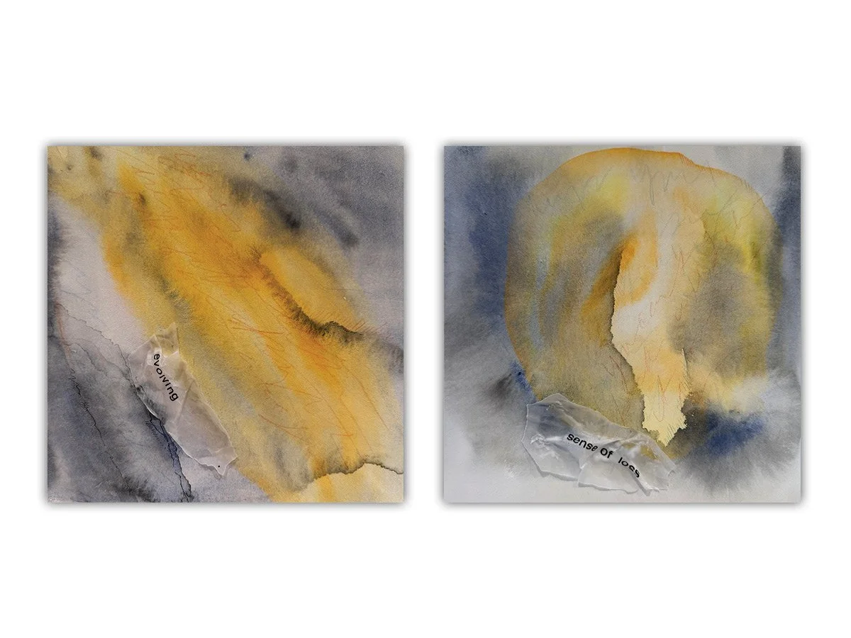 "Evolving", "Sense of Loss", 
Mixed Media on Watercolor Canvas, 10" x 10"
