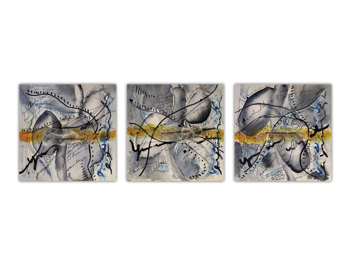 "And There's Light Again #1", "And There's Light Again #2", "And There's Light Again #3",
Mixed Media on Watercolor Canvas, 10" x 10"