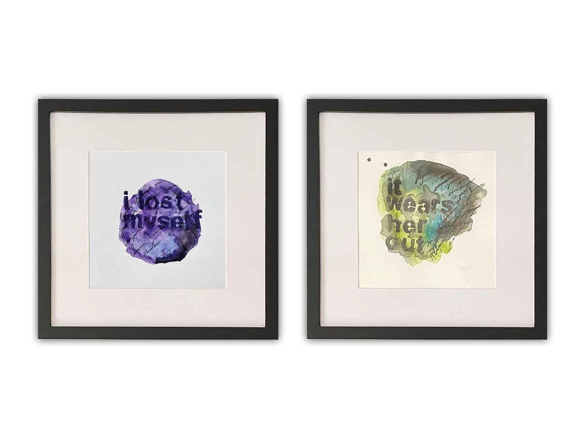 "I Lost Myself", "It Wears Her Out", Mixed Media on Paper, 12" x 12"