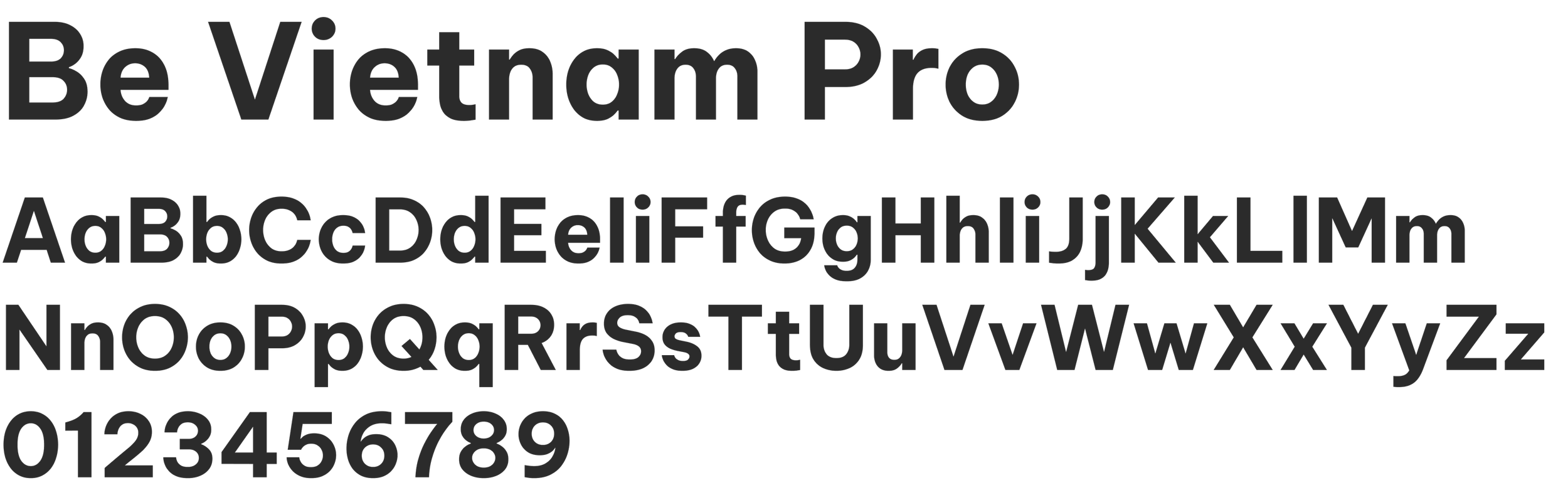 The image features a black background with white text that says 'Be Vietnam Pro' and displays the Latin alphabet in uppercase and lowercase letters, along with numbers 0 through 9.