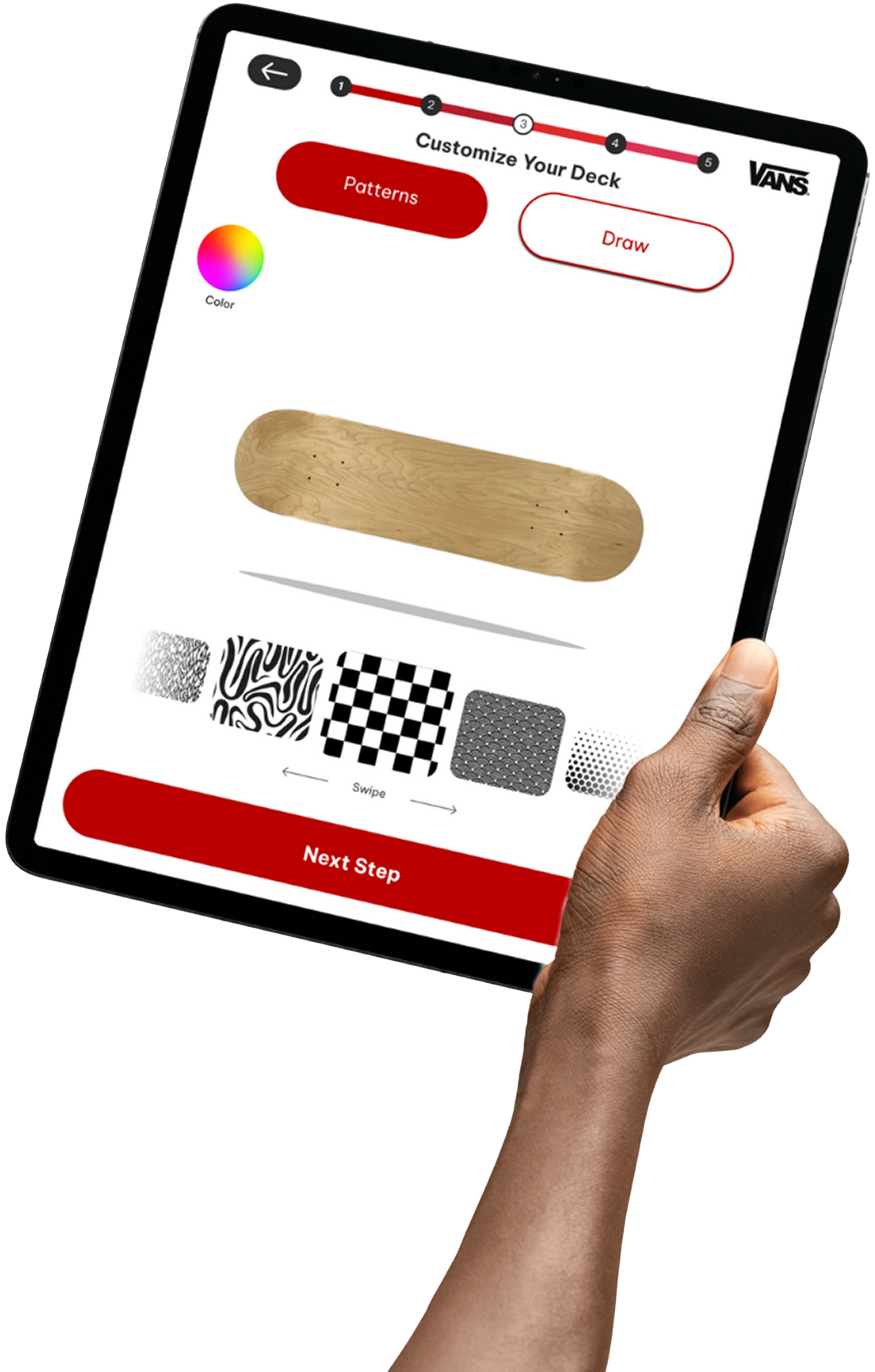 A person holding a tablet with an app open to customize a skateboard deck. The screen displays options for patterns, color selection, and a wooden skateboard deck image. There are buttons labeled 'Patterns,' 'Draw,' and 'Next Step'.