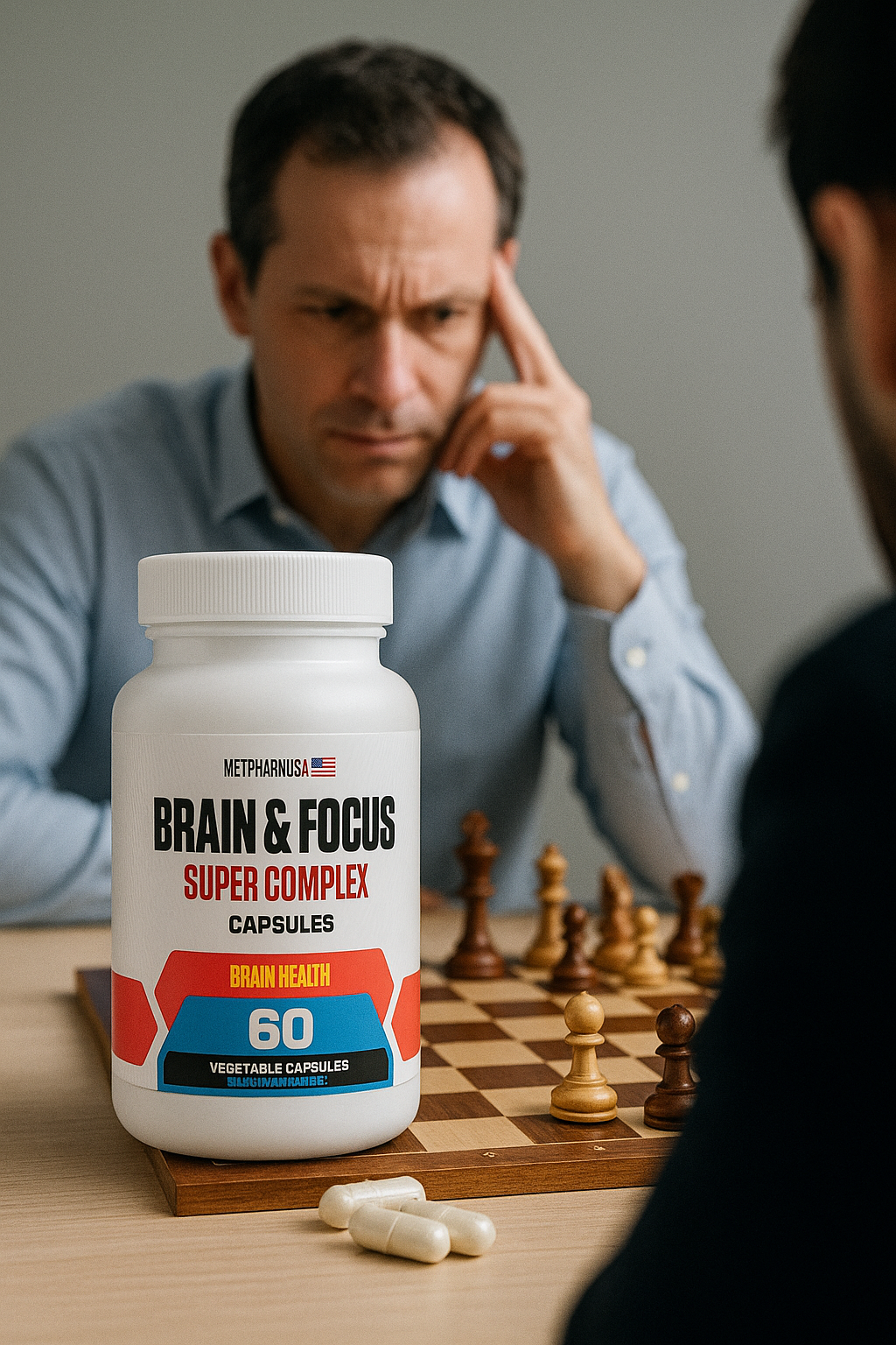 A man playing chess while looking at a bottle of Brain & Focus Super Complex capsules on a chessboard with chess pieces, with another person partially visible in the foreground.