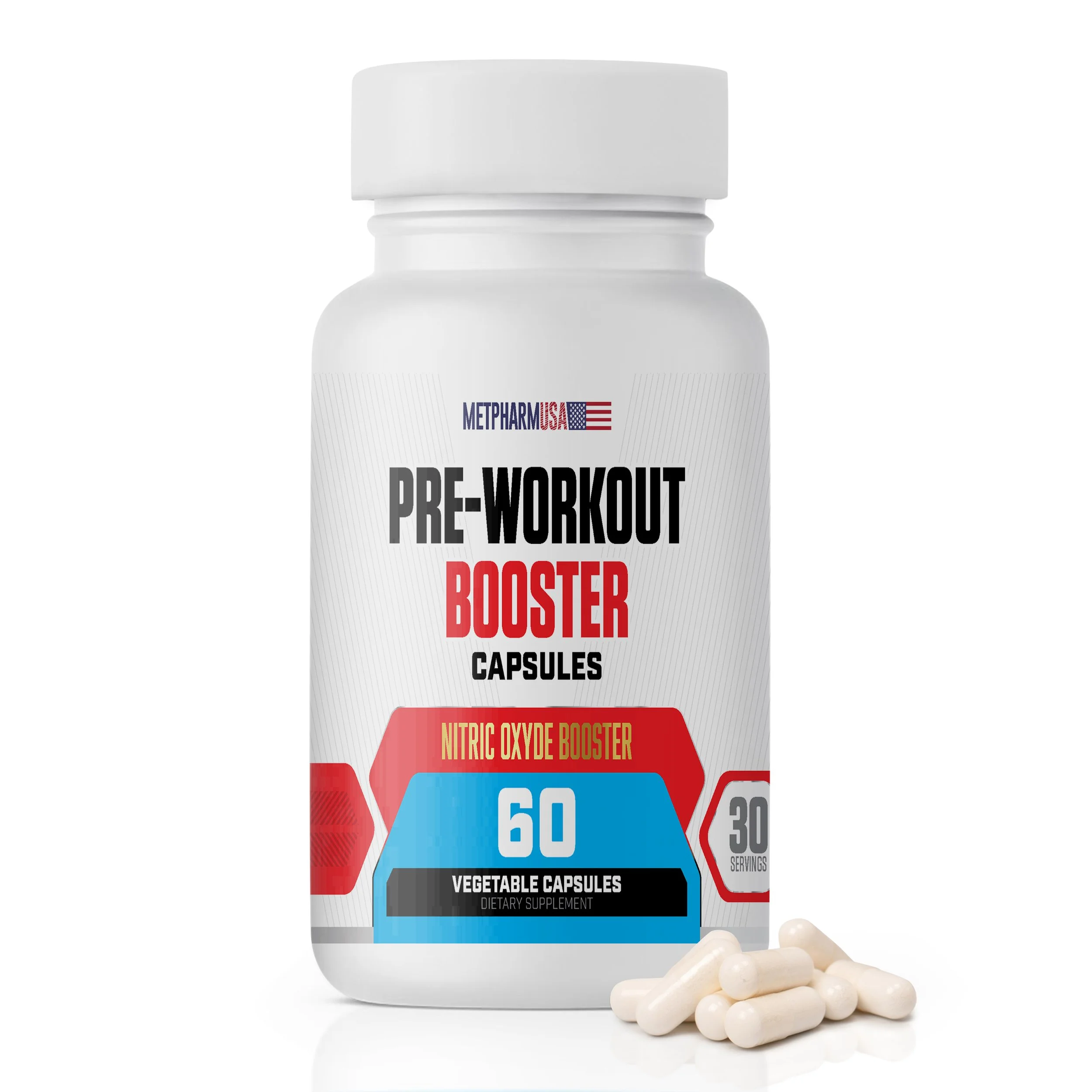 Bottle of pre-workout capsule supplement with a photo of the pills