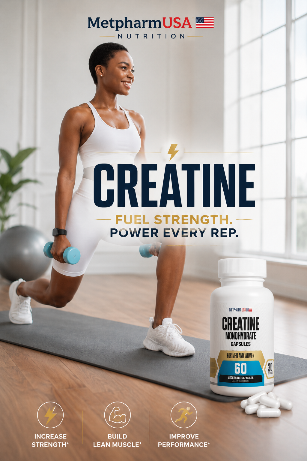 woman exercising with weights and bottle of creatine nearby