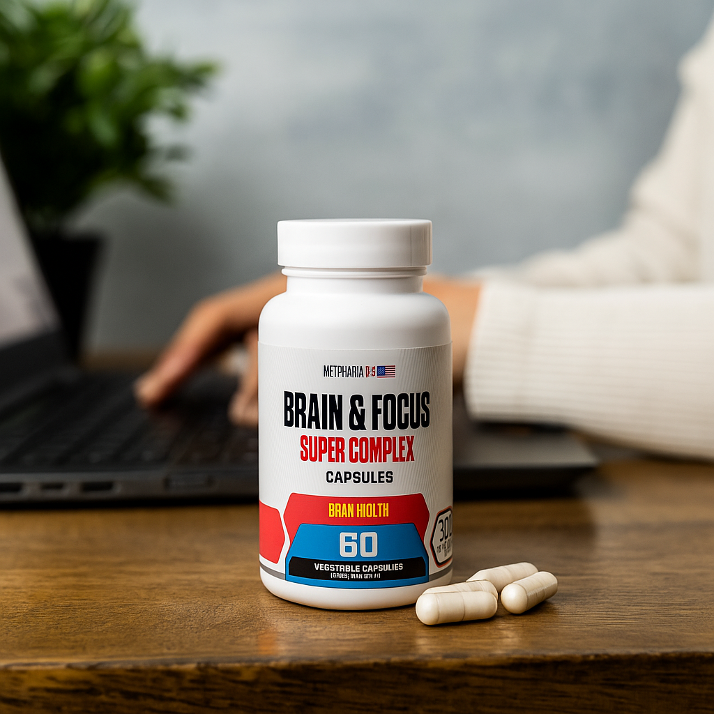Bottle of brain and focus dietary supplement capsules with three capsules lying in front, on a wooden desk in front of a person using a laptop.