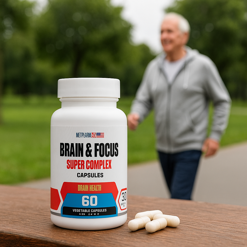 A bottle of Brain & Focus Super Complex vegetable capsules with a man jogging in the background in a park.