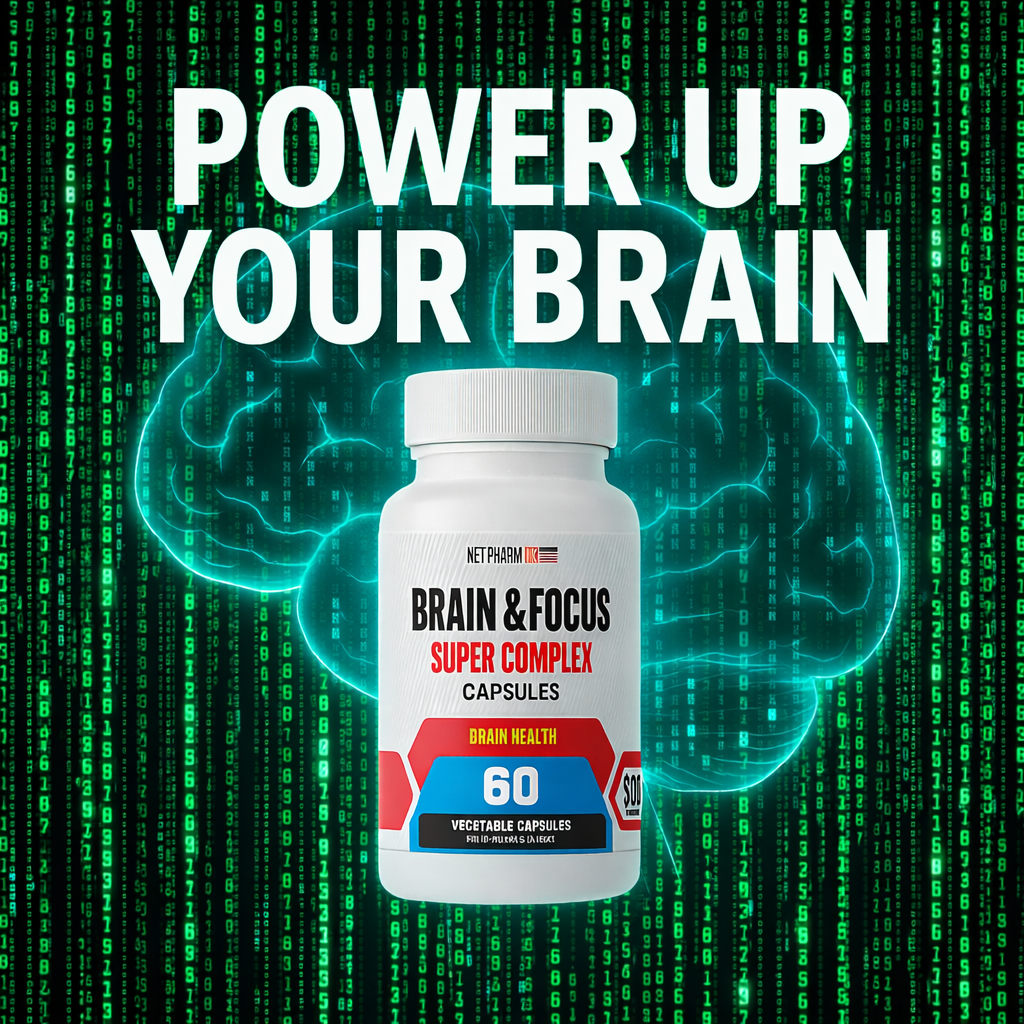 A bottle of Brain & Focus Super Complex capsules against a digital background with green binary code and a glowing brain outline, with the text 'Power Up Your Brain' above.
