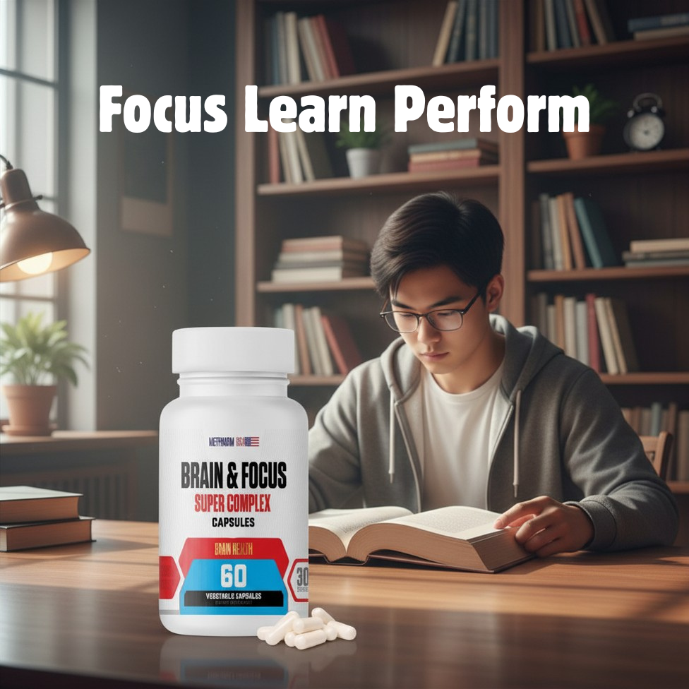 student studying and bottle of brain & focus supplement in perspective