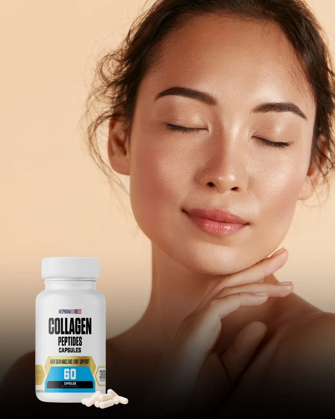 A woman with smooth, glowing skin resting her hand on her chin, next to a bottle of collagen peptides capsules with a few capsules spilling out.