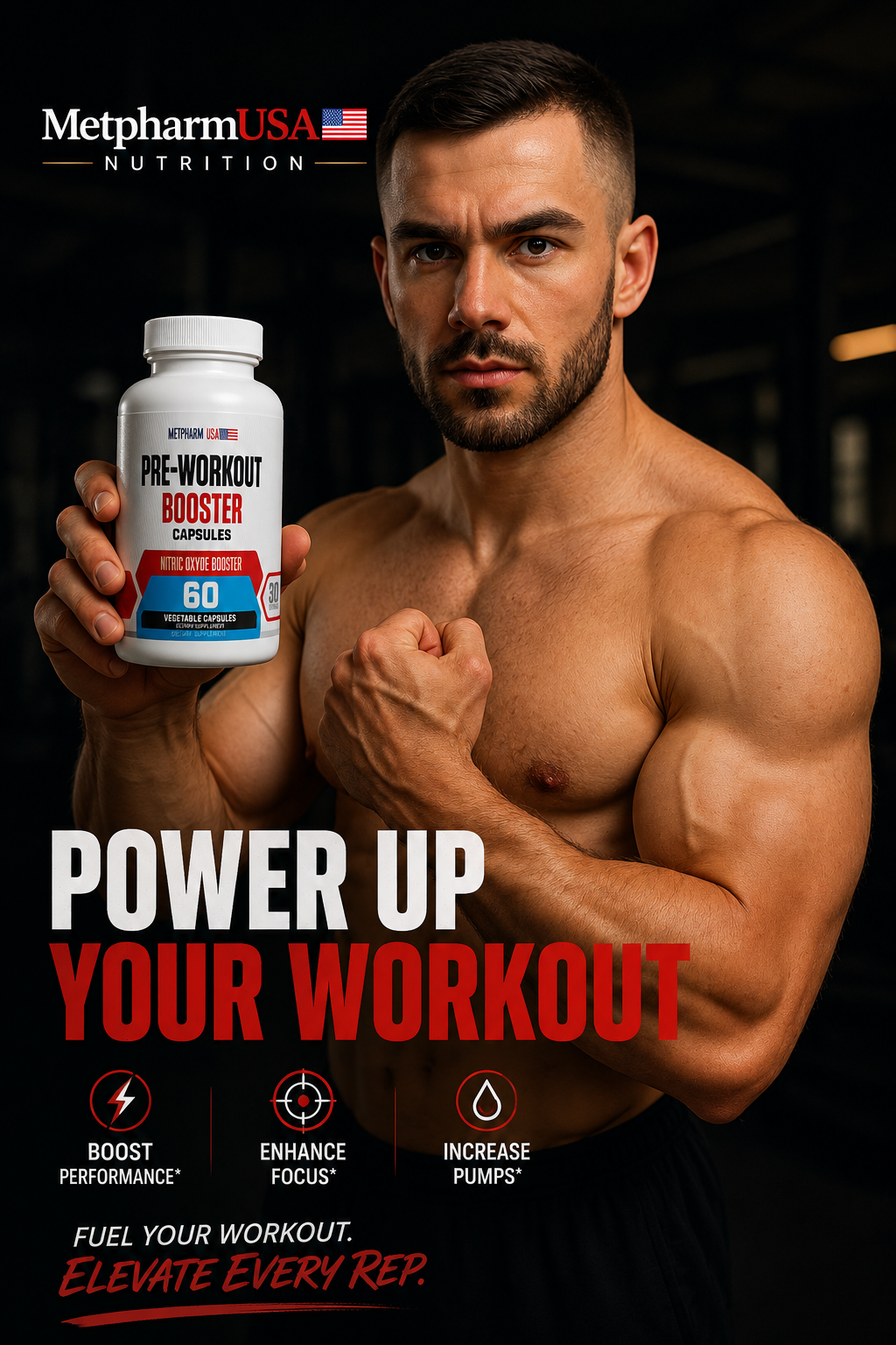 muscular athlete holding a bottle of pre-workout booster supplement bottle