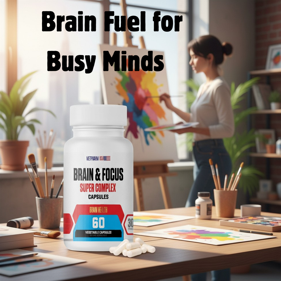 artist painting in the background and a bottle of brain & focus in perspective
