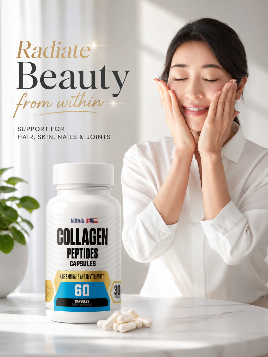 woman touching gently her face and a bottle of collagen in perspective