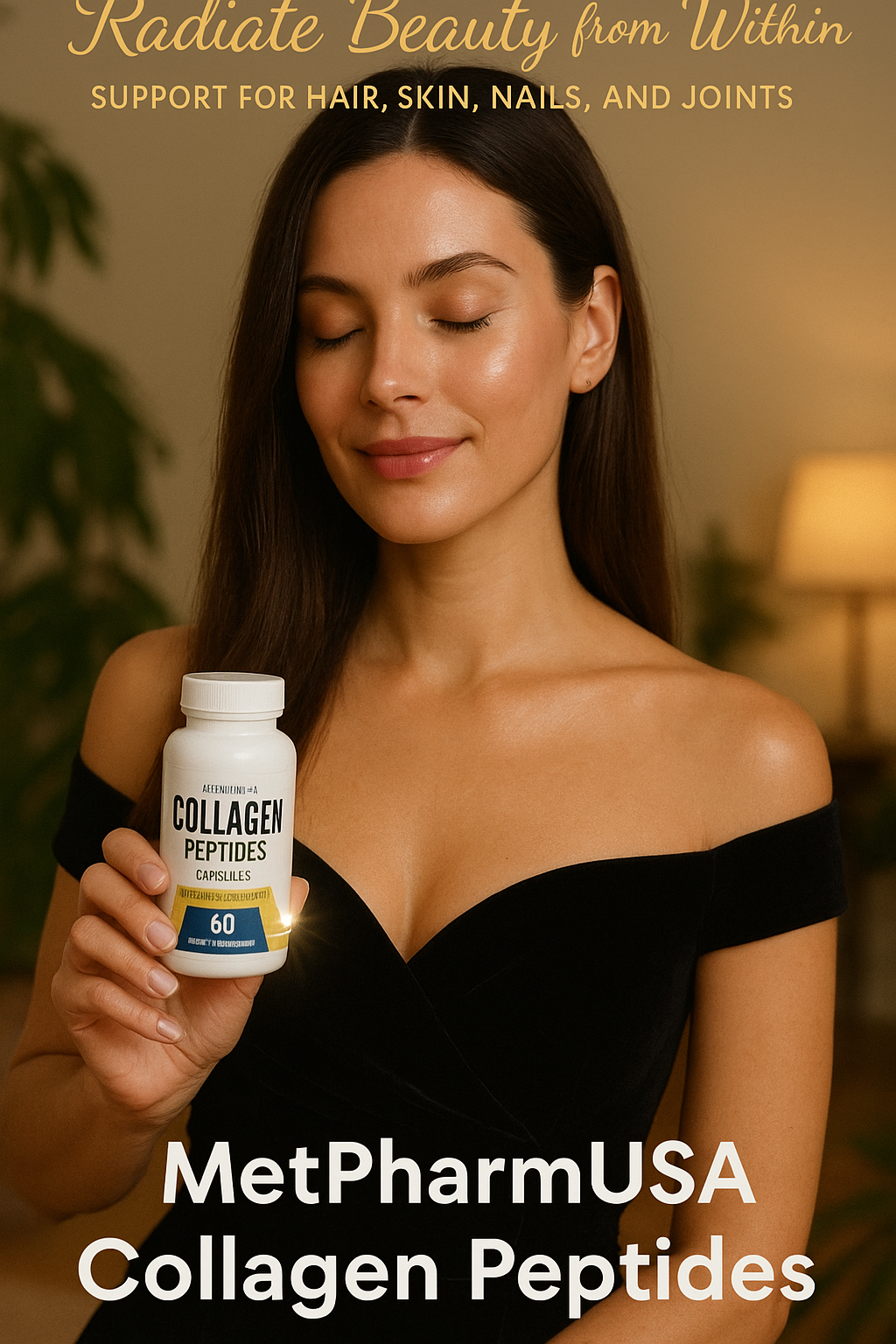 A woman with long brown hair holds a bottle of collagen peptides supplements, smiling with eyes closed in a warm indoor setting.
