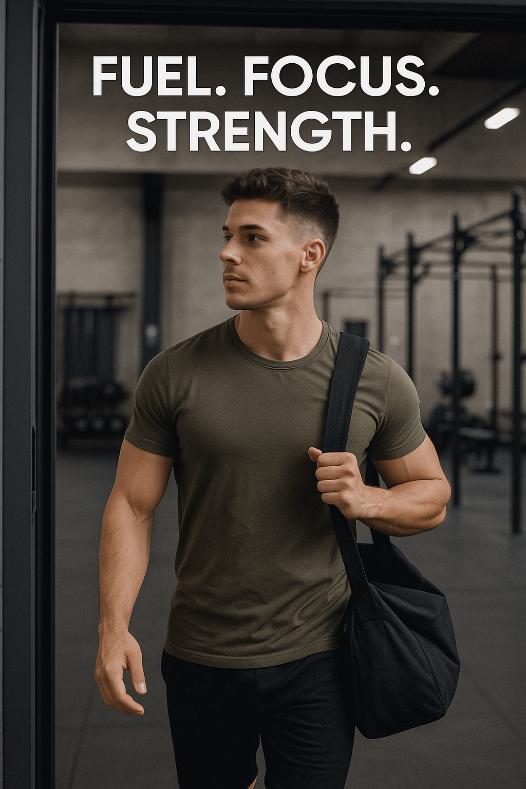 A young man in a gym carrying a black bag and wearing a green t-shirt, looking to the side, with a motivational message 'Fuel. Focus. Strength.'