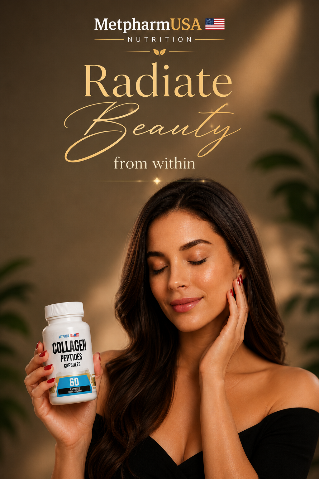 woman with nice hair and skin holding a collagen bottle