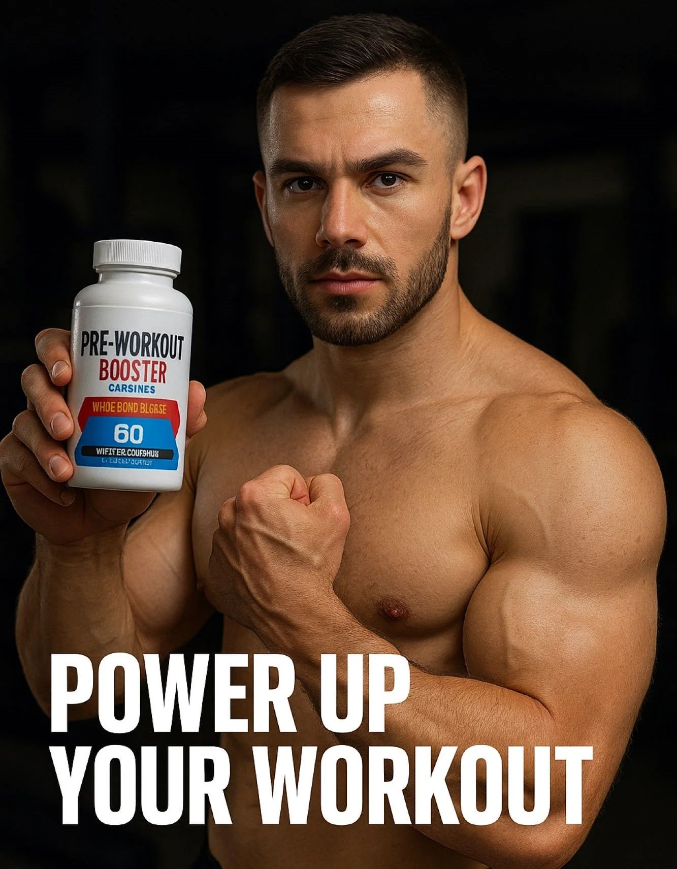 A muscular man holding a bottle of pre-workout supplement with the label reading 'Pre-Workout Booster' and a slogan 'Power Up Your Workout,' posing shirtless with an intense expression.