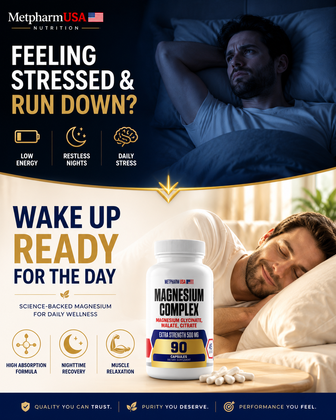 man with insomnia in upper part and a man sleeping below with a bottle of magnesium at bedside