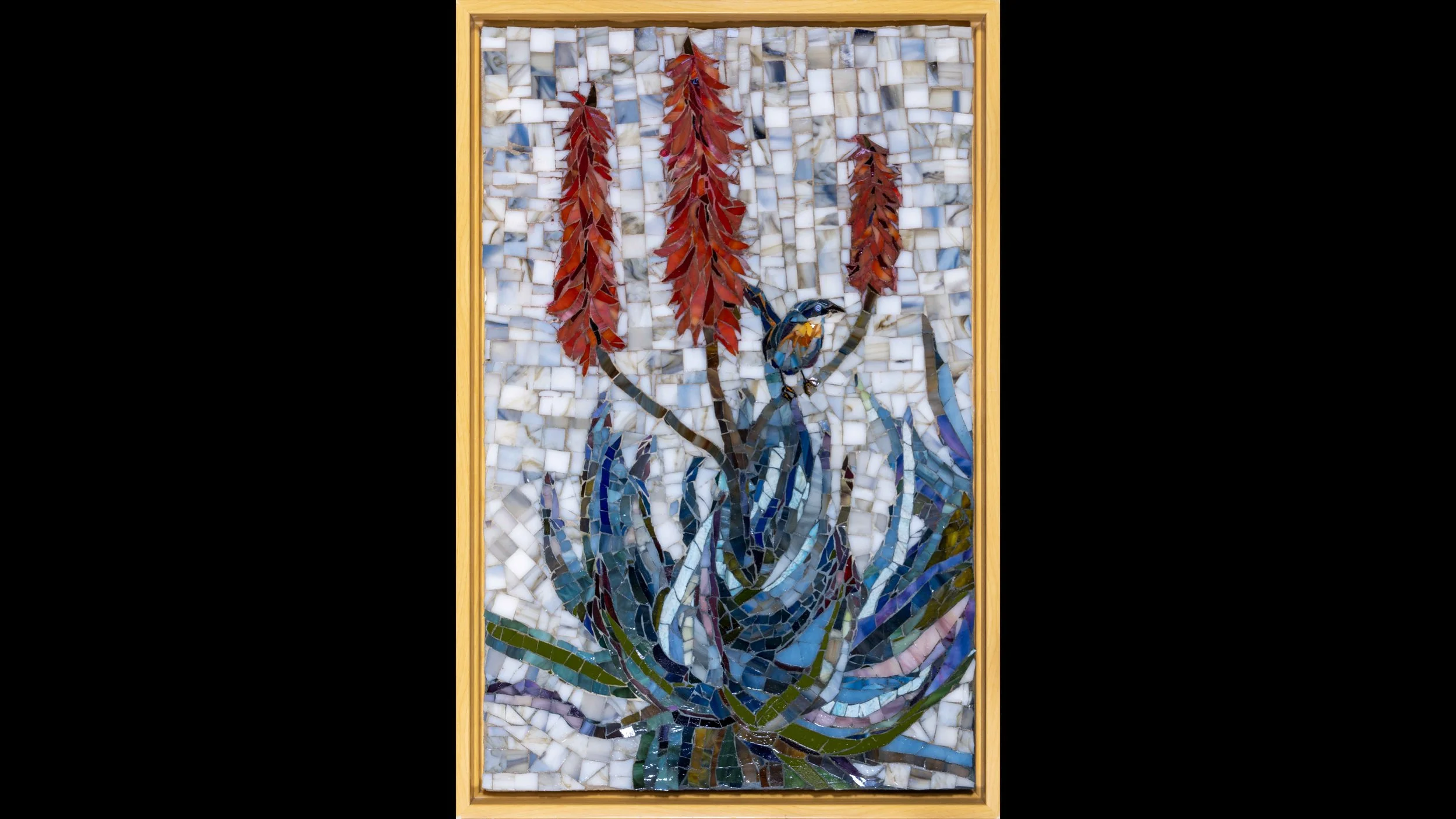Little Blue Bird Sitting on a Big Red Aloe | Stained Glass | $750