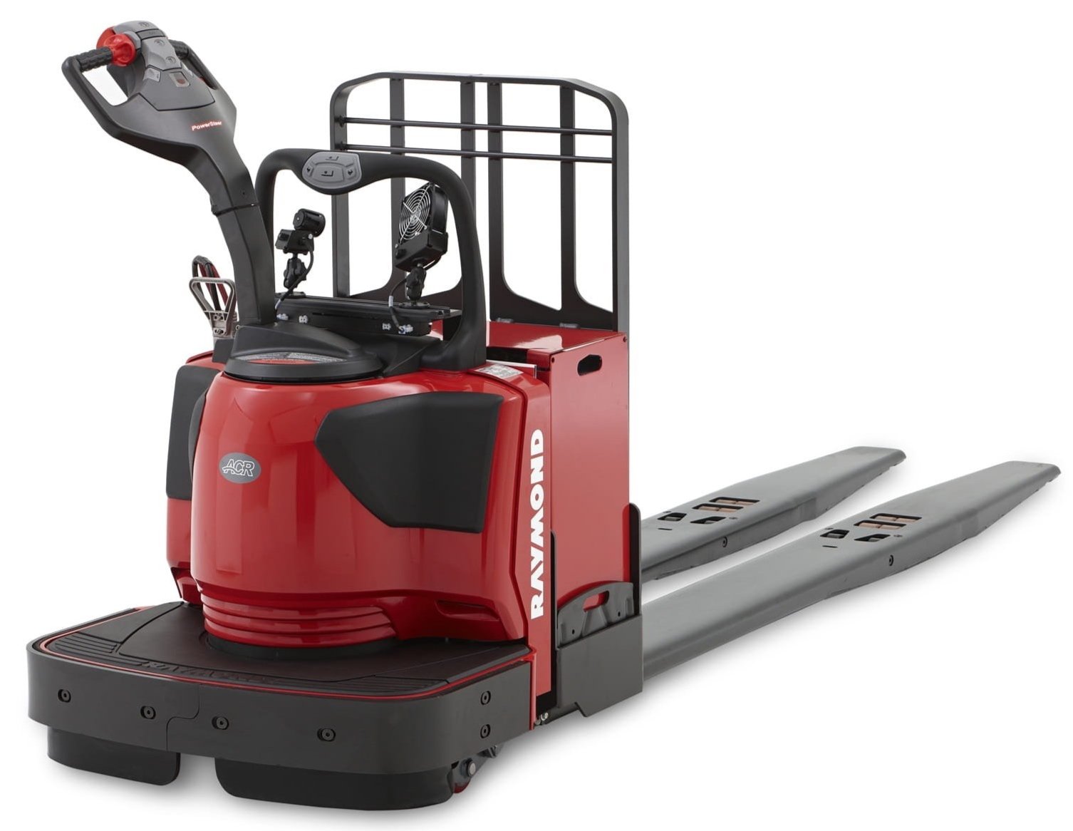 Red narrow aisle reach forklift with black accents and extended forks, designed for warehouse material handling.