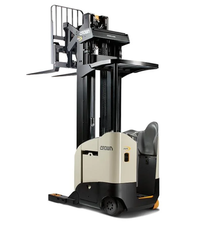 Electric reach truck with a black mast and beige body used for lifting and transporting pallets in warehouses.