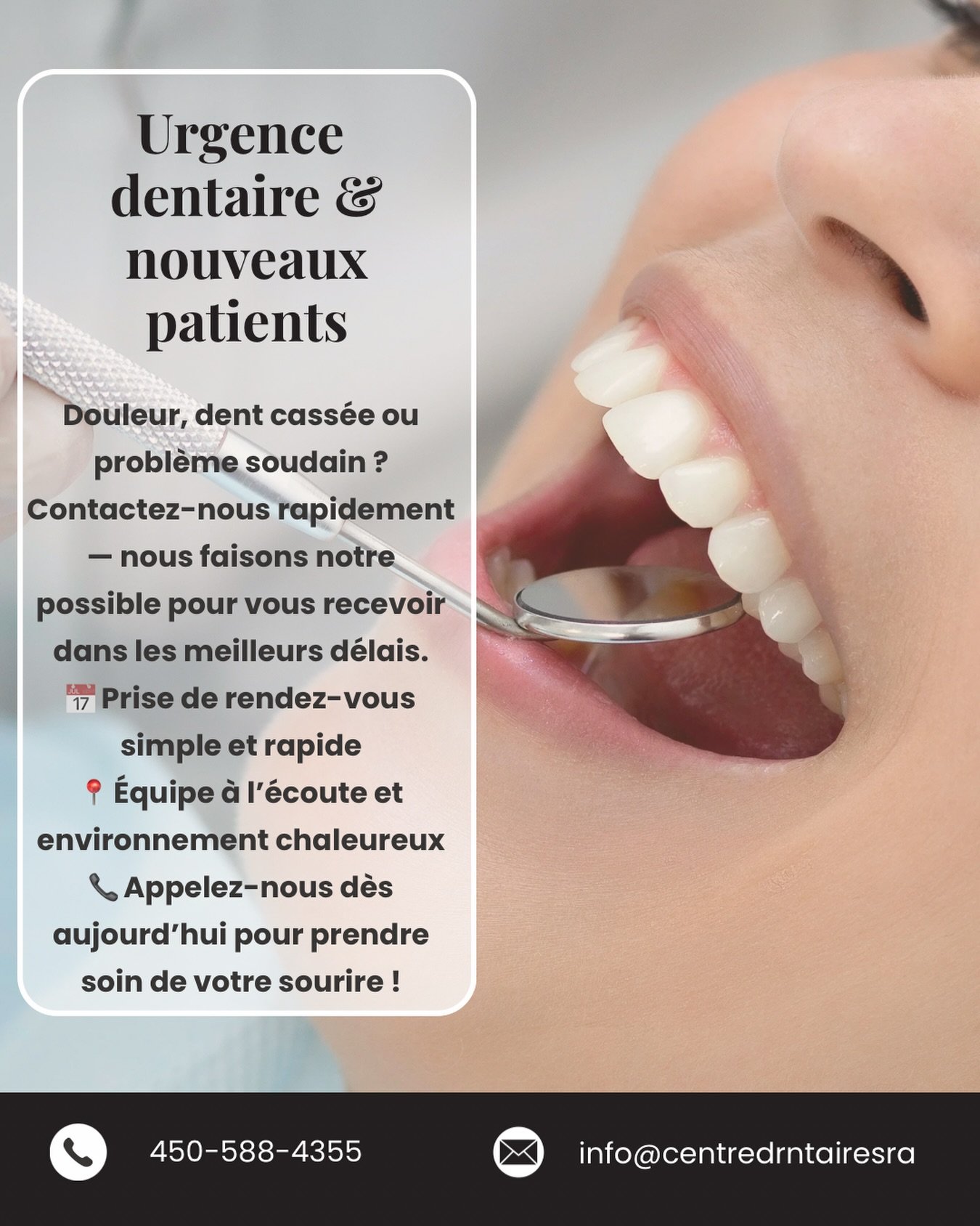 ✔️ Urgences prises en charge
✔️ Nouveaux patients bienvenus
✔️ Service rapide et humain
📞 Contactez-nous aujourd&rsquo;hui pour un rendez-vous.

#urgencedentaire #dentiste #lanaudiere #saintroch #cliniquedentaire