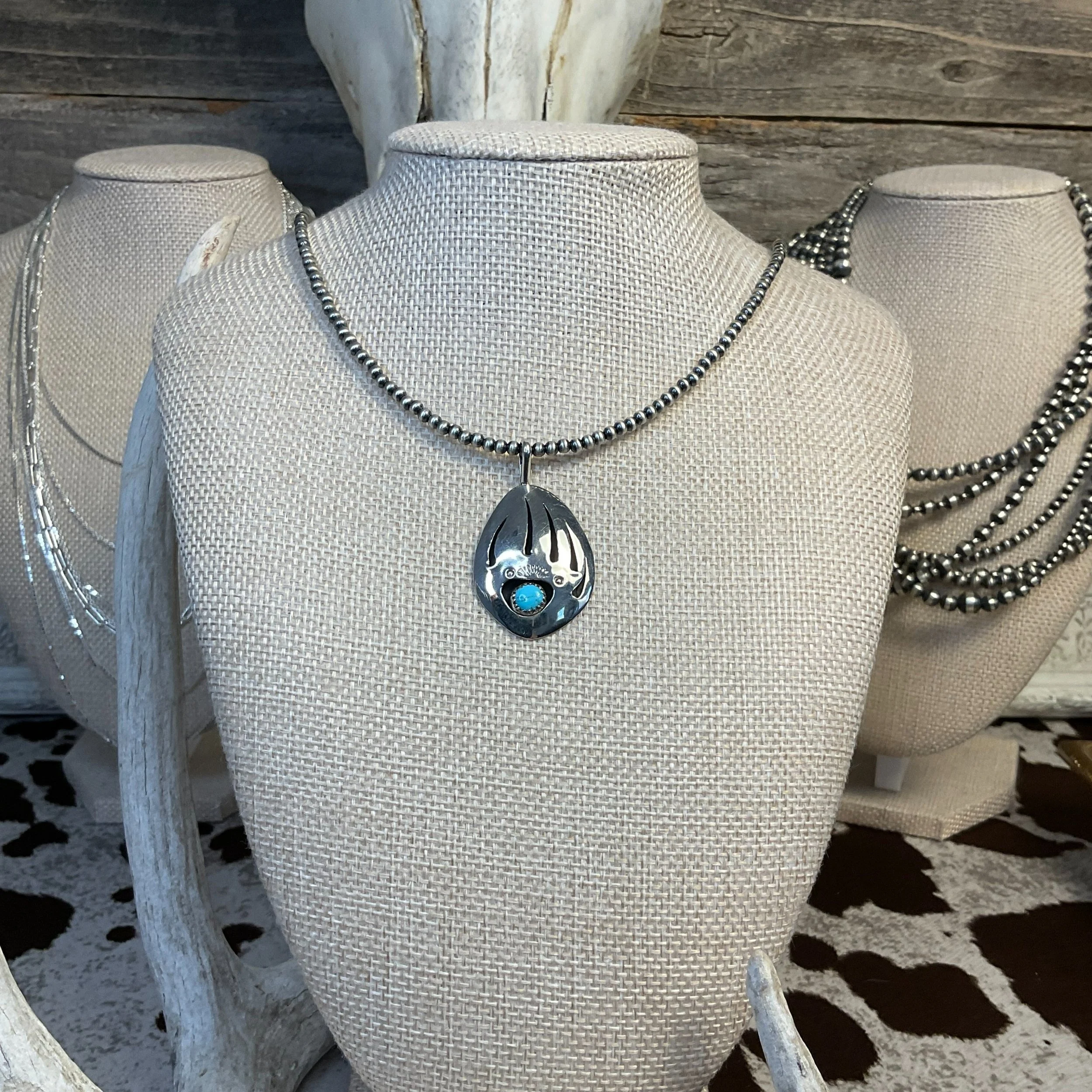 Native Blue Turquoise Bear Paw Pendant with desert Pearls 925 Sterling Silver Necklace