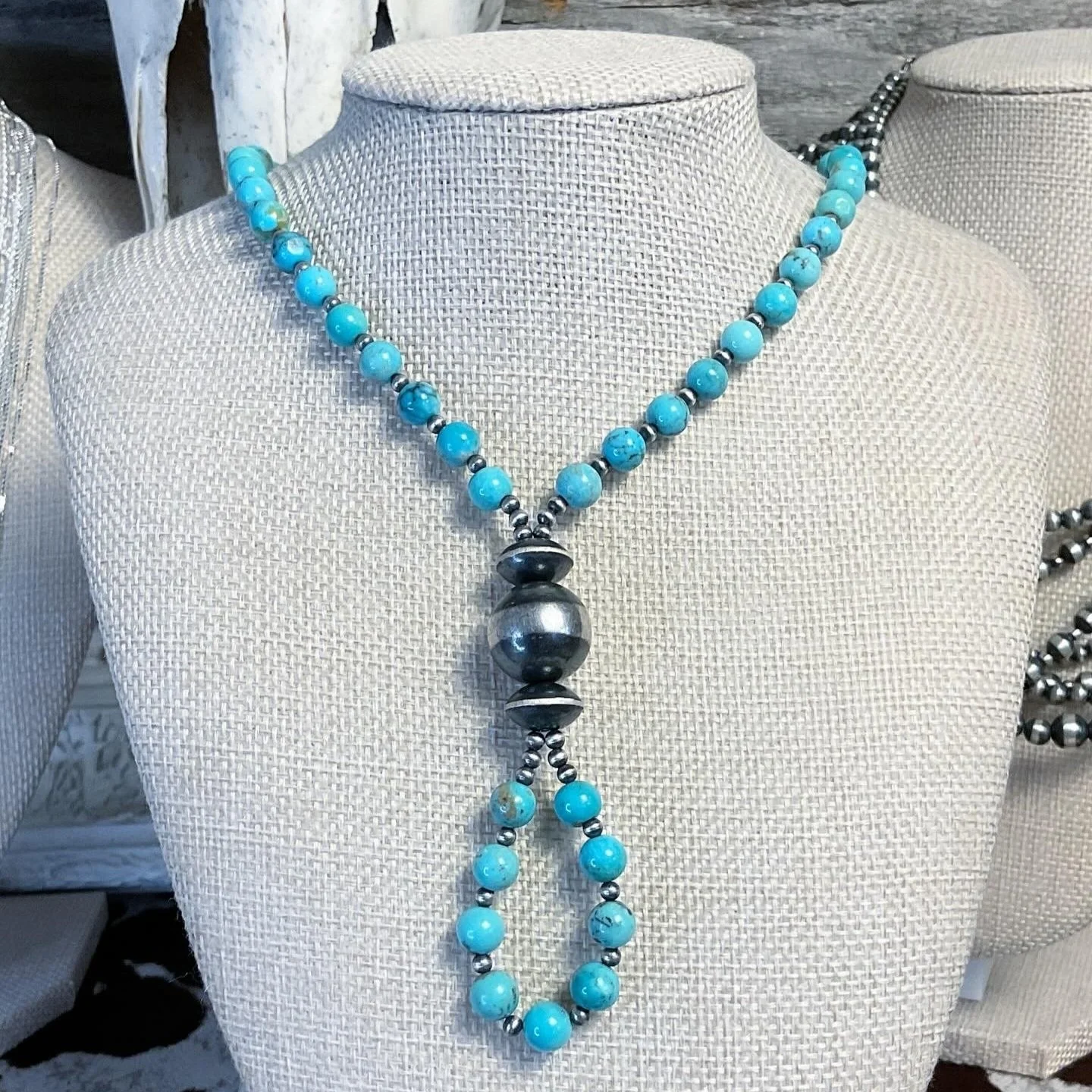 Native Navajo Blue Turquoise and 925 Sterling Silver Lariat Pearls Necklace