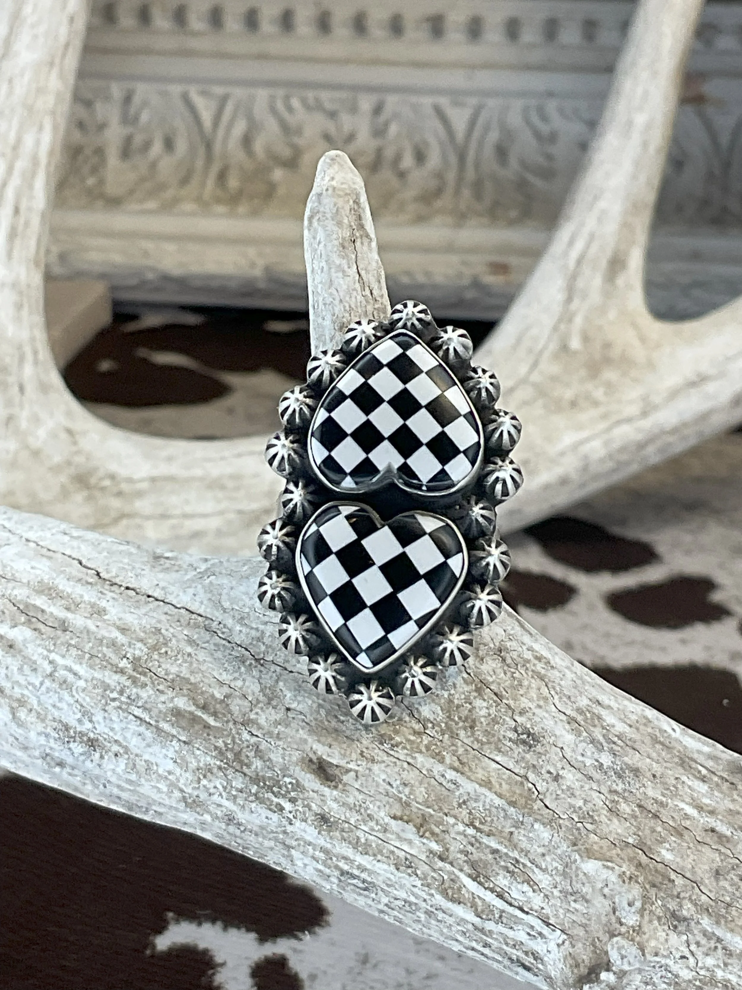 Lab Created White and Black Onyx Checkered Two Heart Matte 925 Sterling Silver Ring