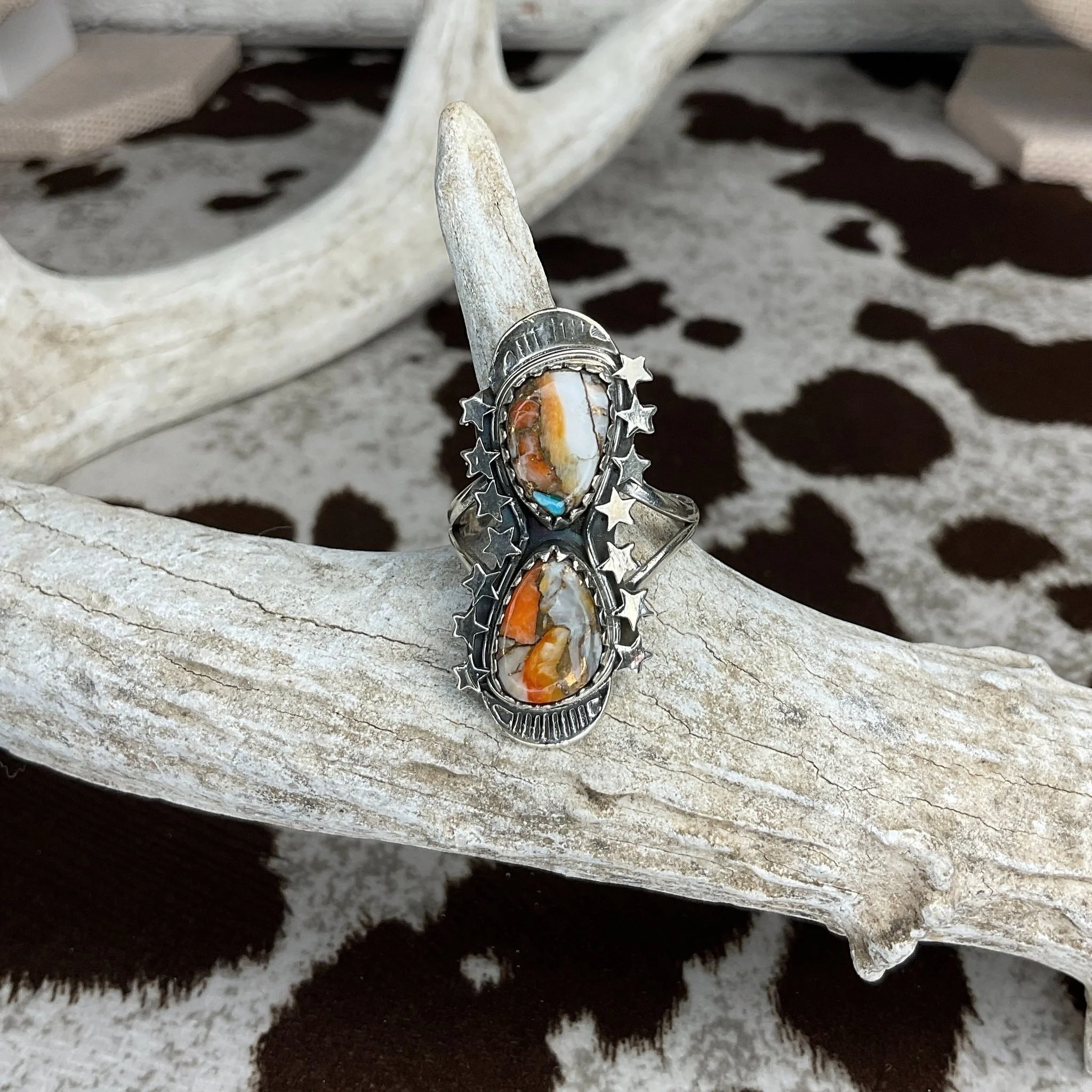 2 Stone Spiney Turquoise and stars 925 Sterling Silver Ring