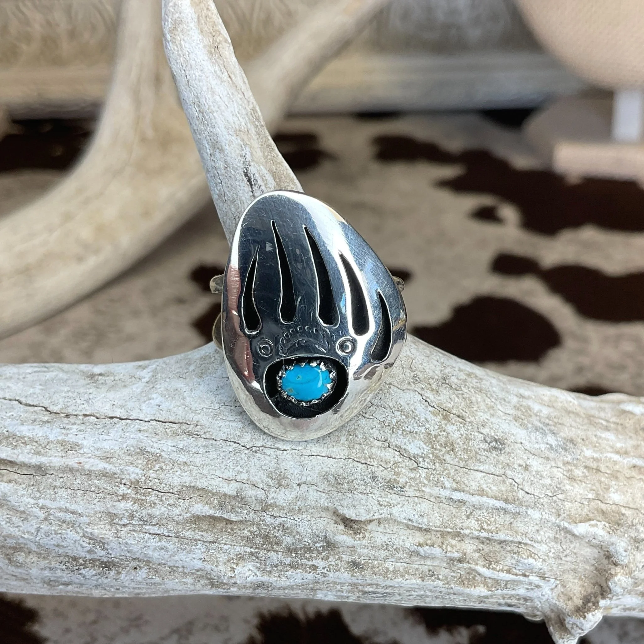 Native Blue Turquoise Bear Paw 925 Sterling Silver Ring
