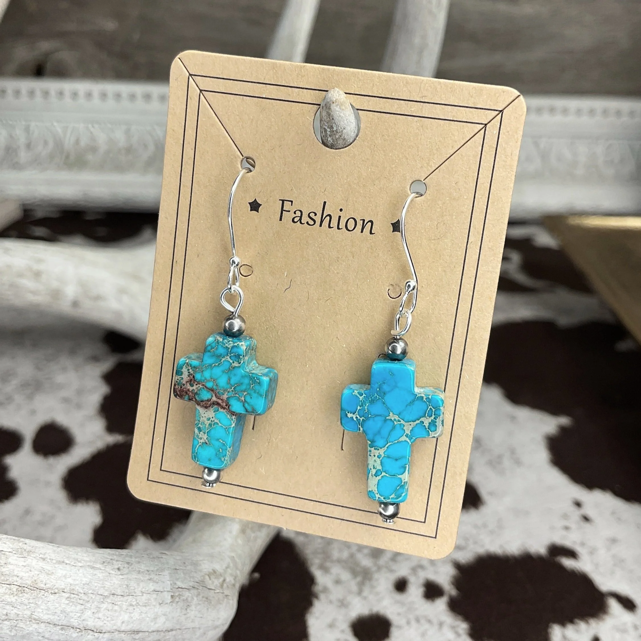 Turquoise Cross Desert Pearl 925 Sterling Silver Earrings