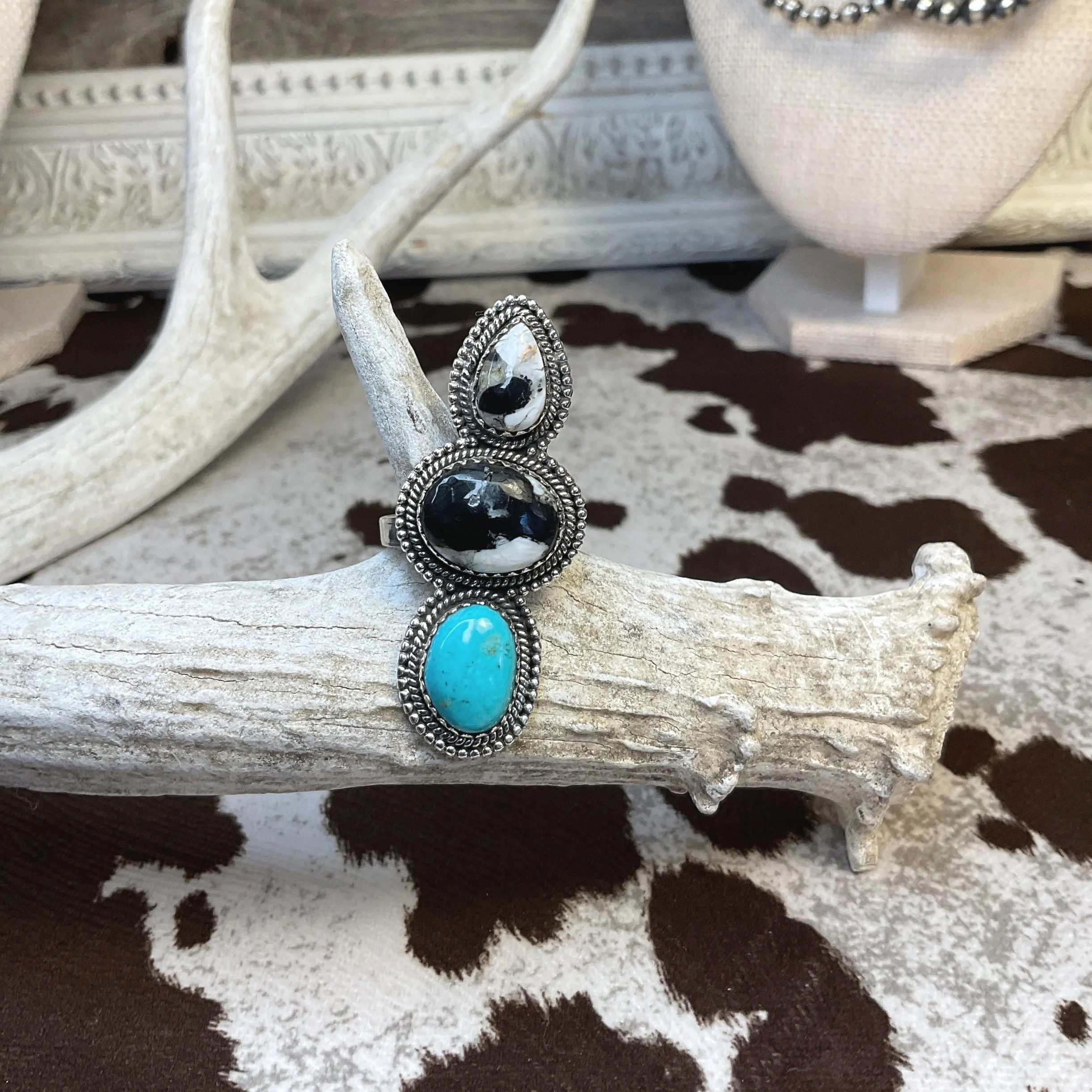 White Buffalo Blue Turquoise Multi Stone Matte 925 Sterling Silver Ring