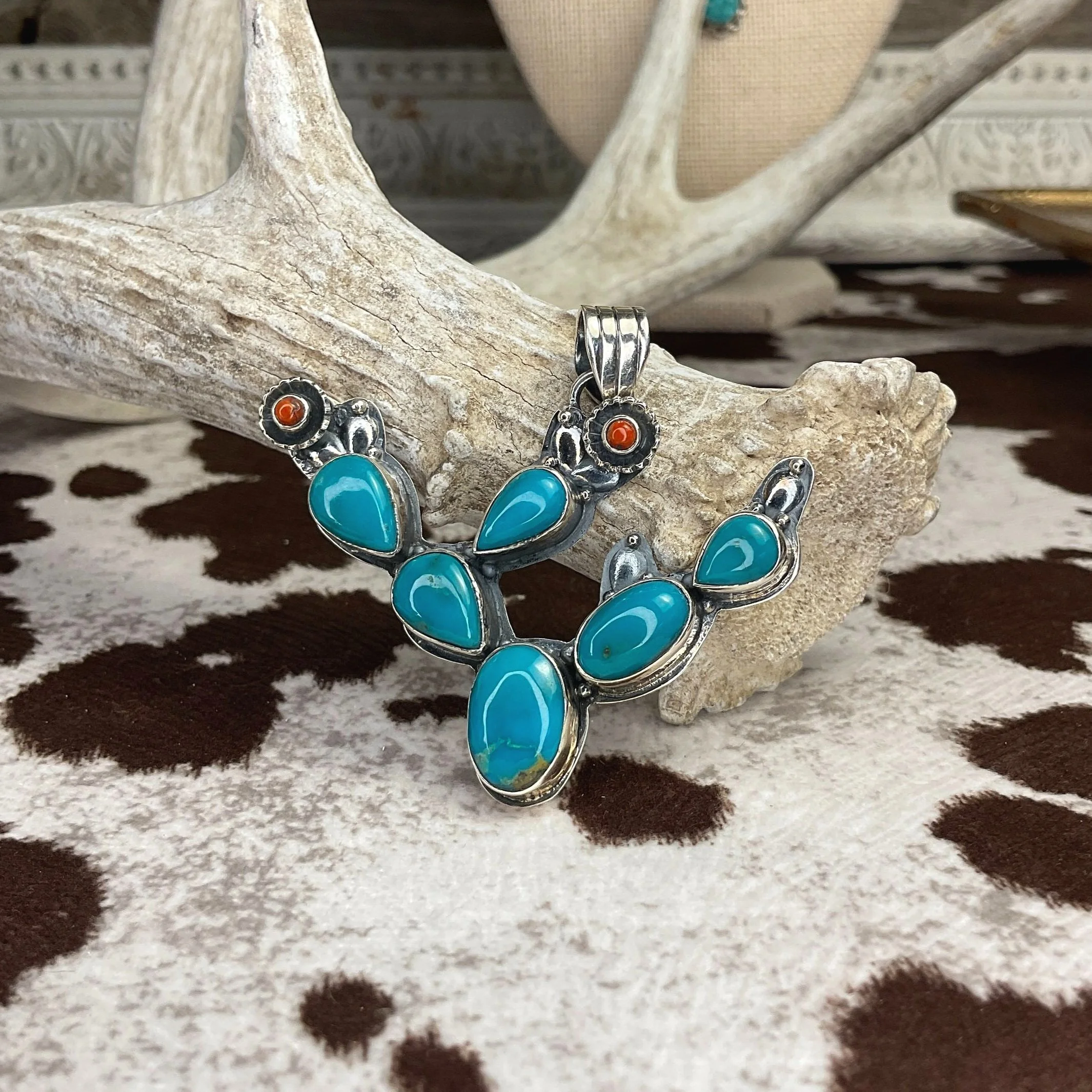 Southwest Style Cactus Turquoise and Red Italian Corral 925 Sterling Silver Pendant