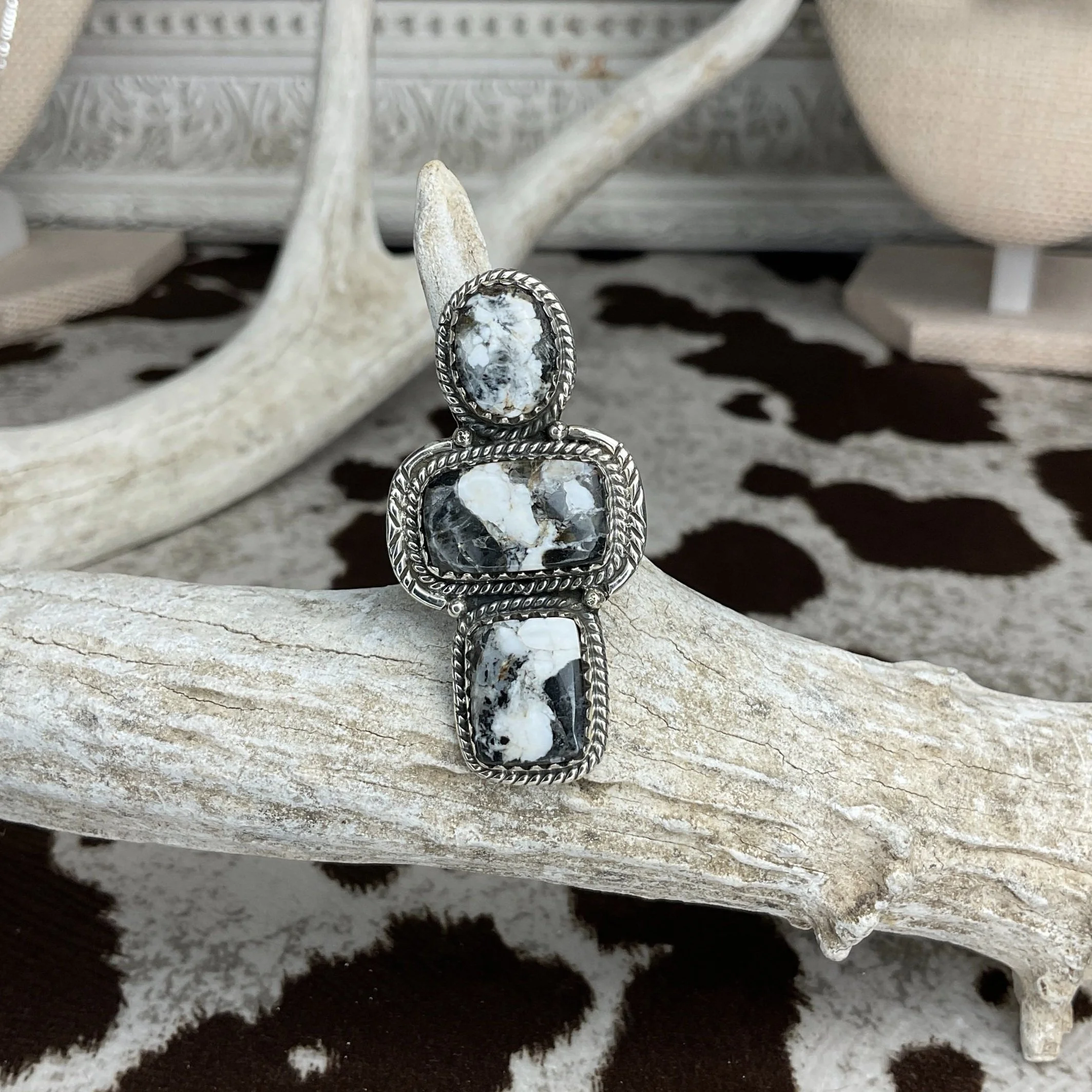 White Buffalo Multi Stone Matte 925 Sterling Silver Ring