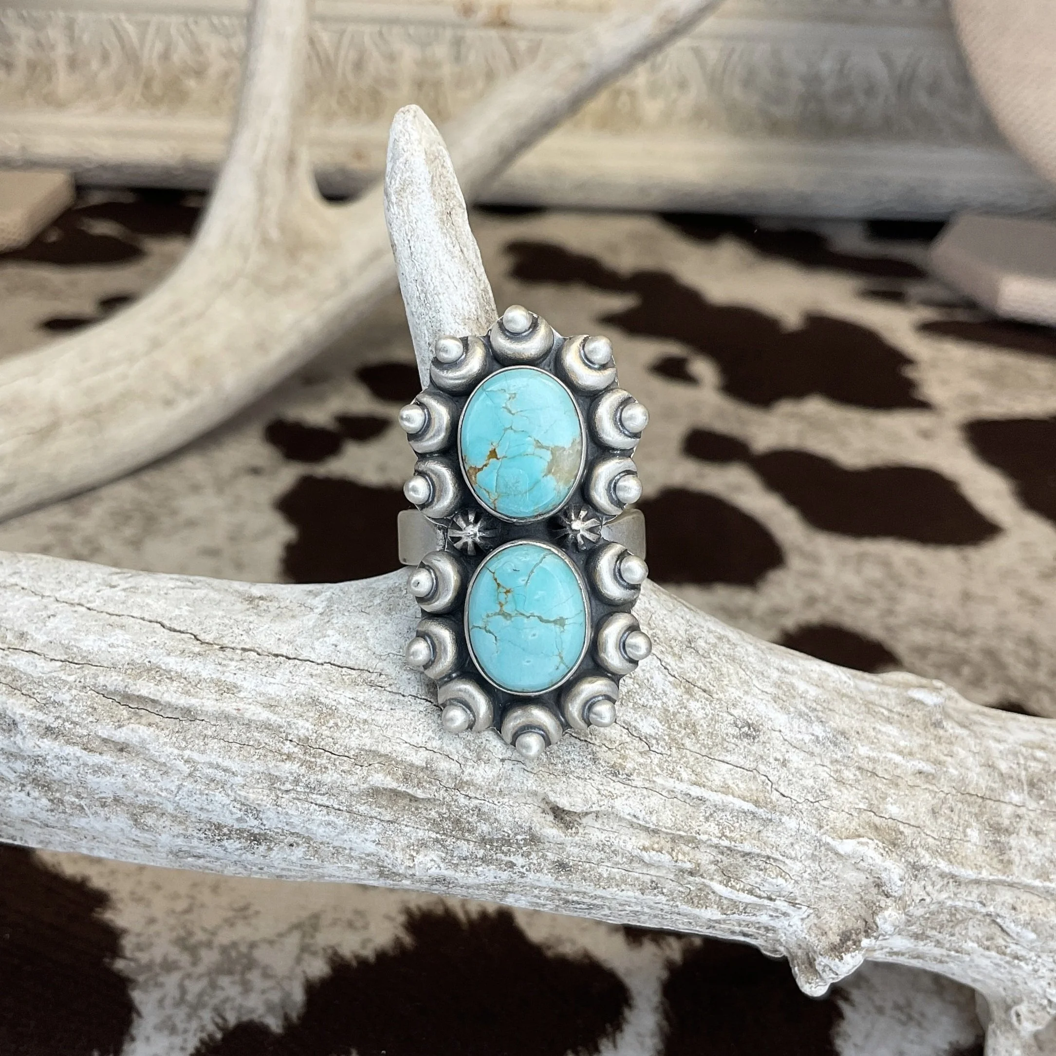 Two Stone Natural Turquoise Matte Silver Ring