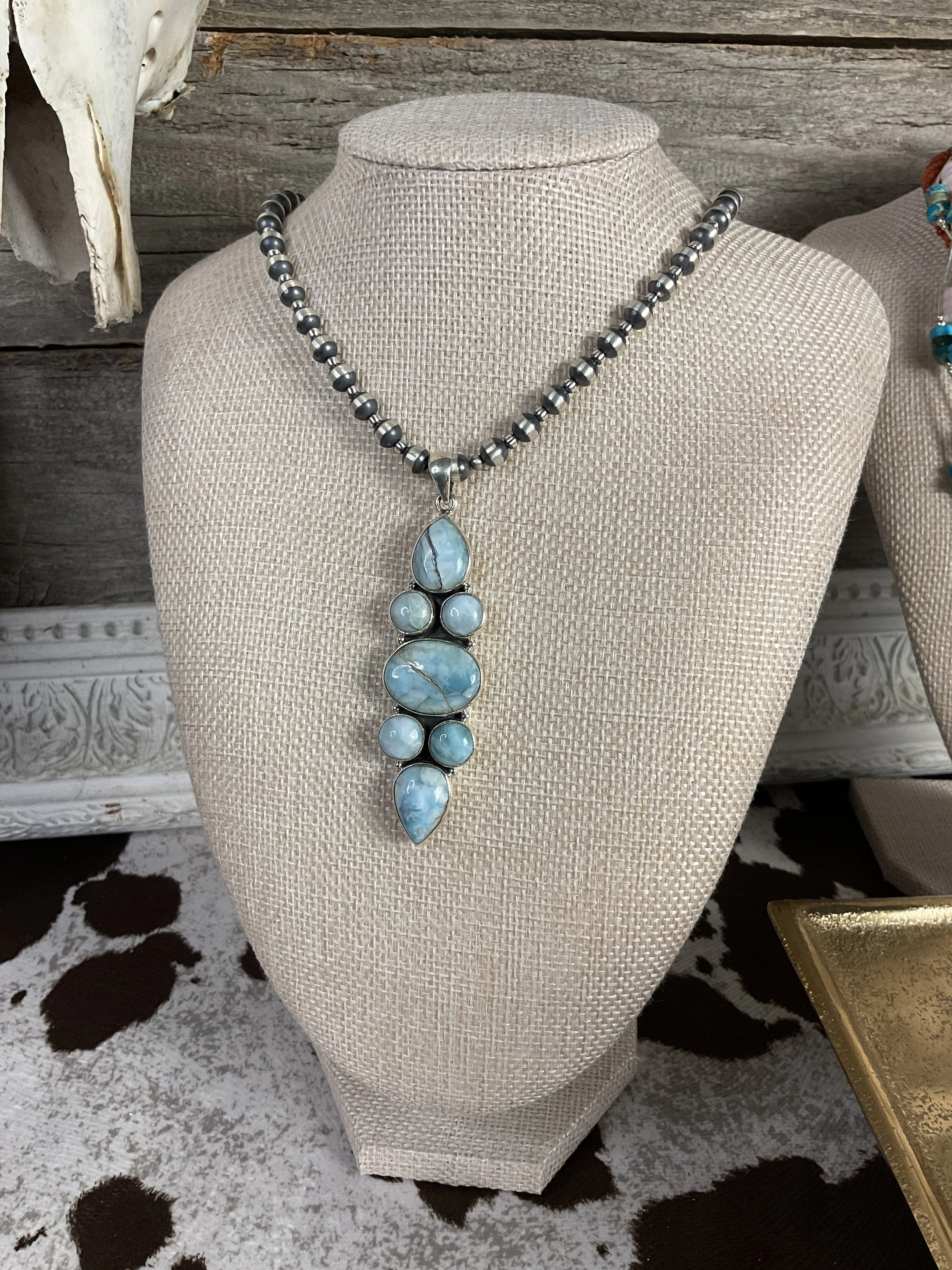 Desert Pearls and Larimar Multi Stone Pendant 925 Sterling Silver Necklace