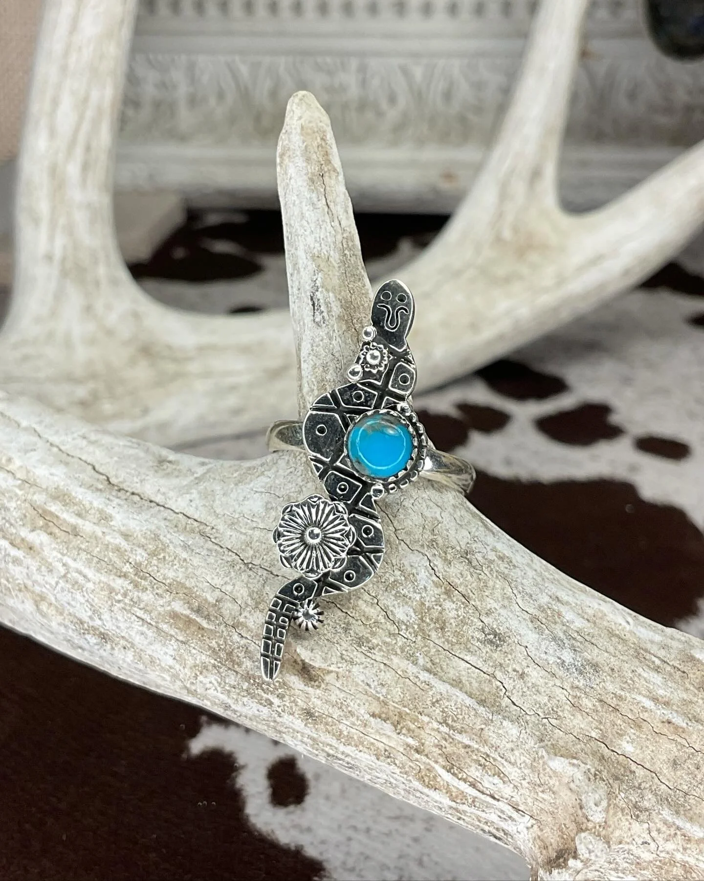Turquoise Snake and Flower 925 Sterling Silver Ring
