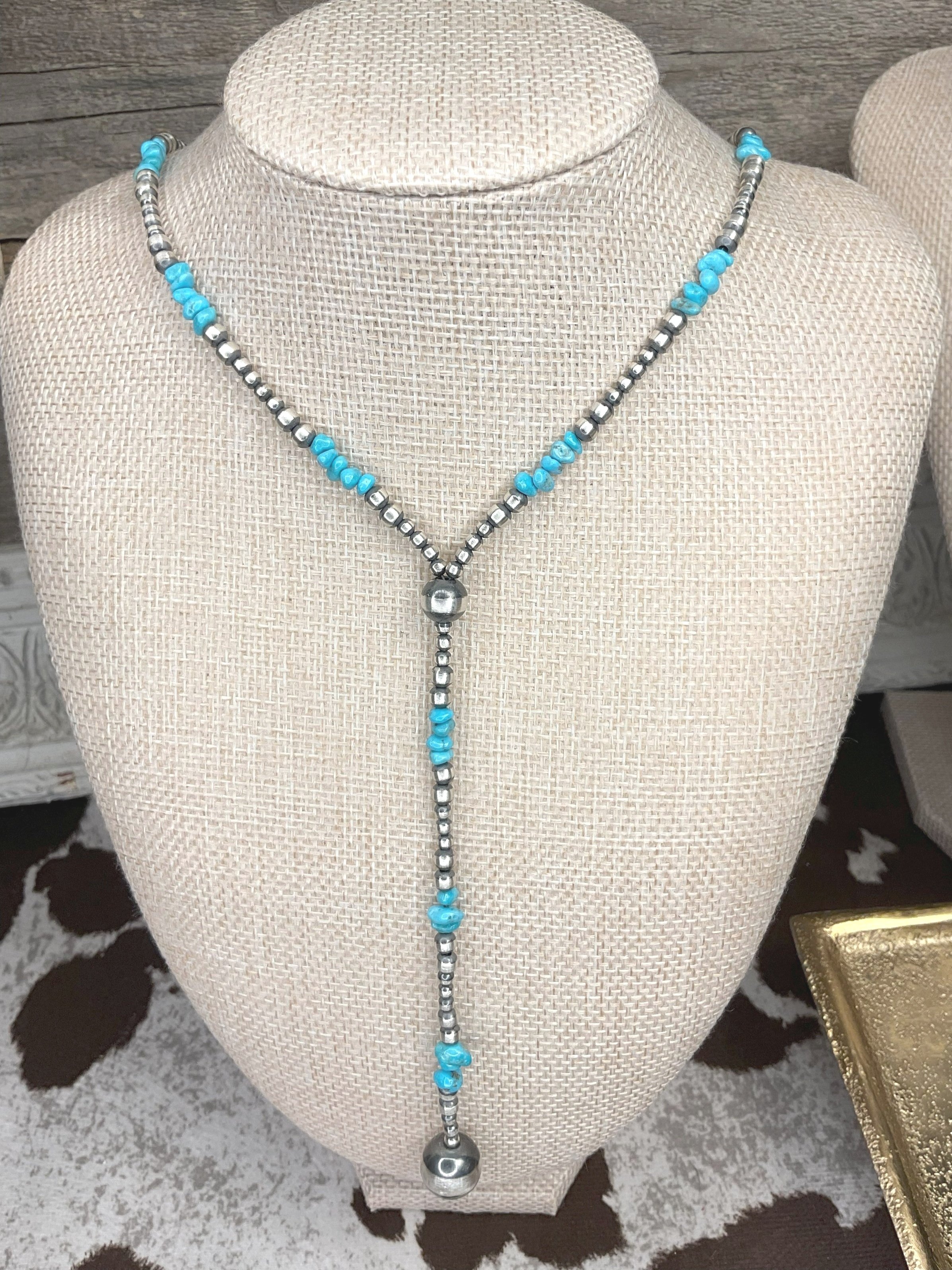 Native Navajo Blue Turquoise and silver Lariat Pearls Necklace