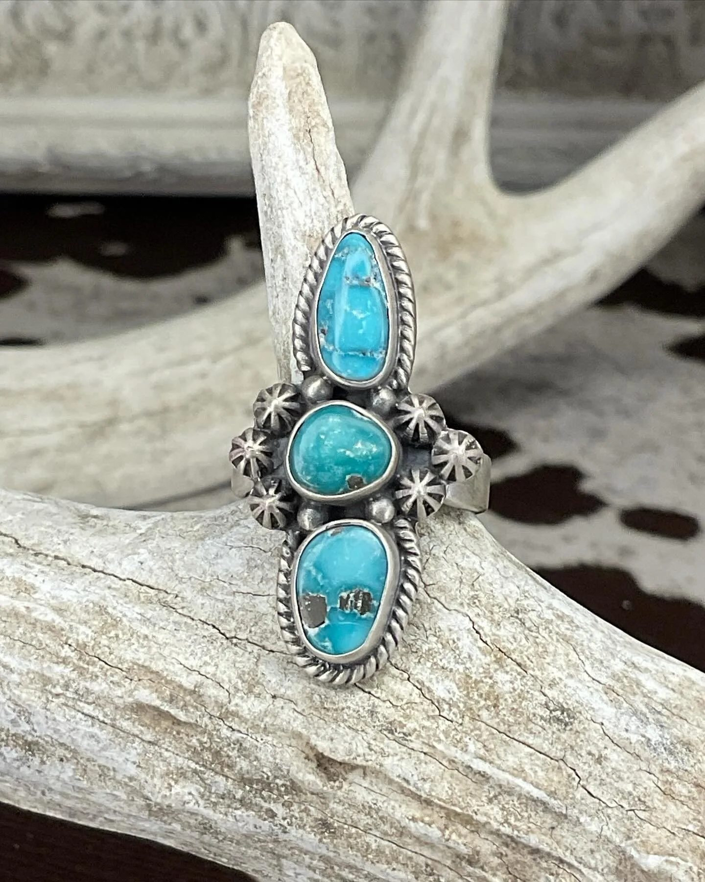 White Water Turquoise 3 Stone Matte 925 Sterling Silver Ring