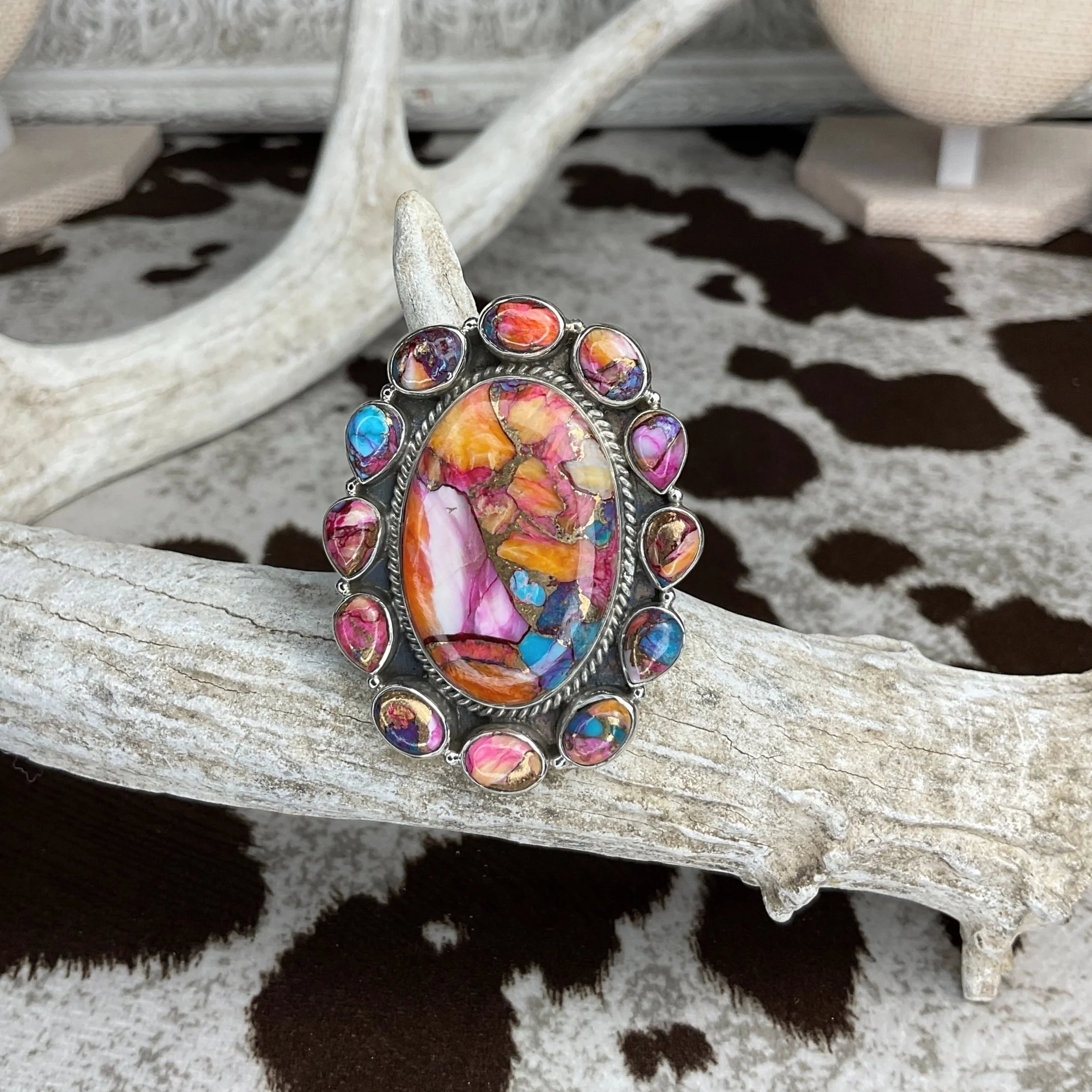 Large Multi Stone Spiney Turquoise 925 Sterling Silver Ring