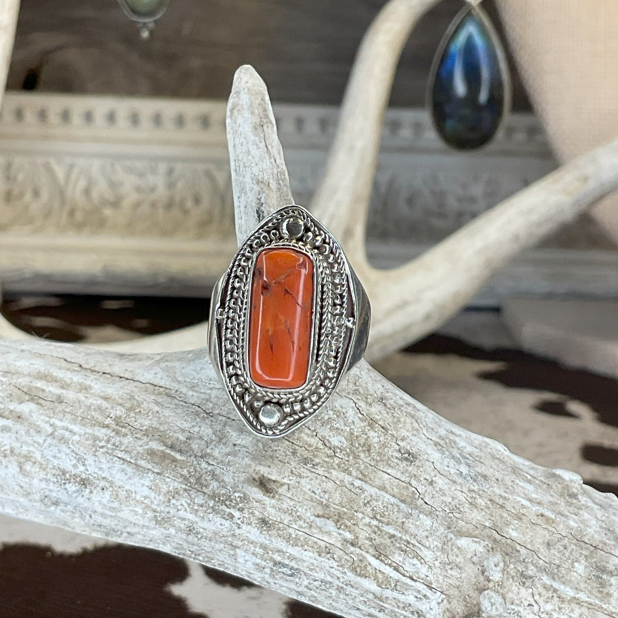 Italian Red Corral Silver Ring