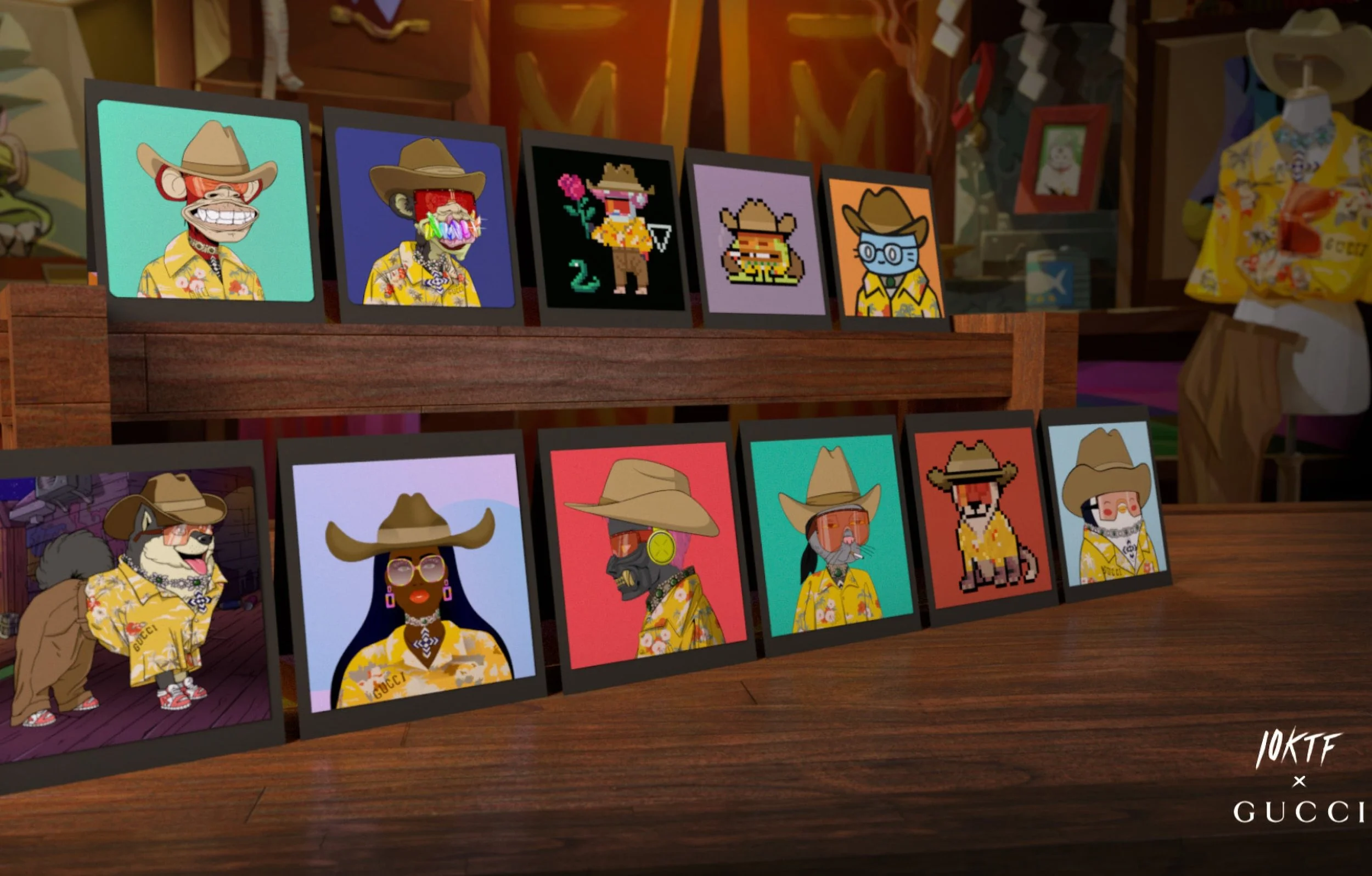 Display of various framed digital illustrations of animals dressed in yellow Hawaiian shirts, some wearing hats and accessories, arranged on wooden tables.