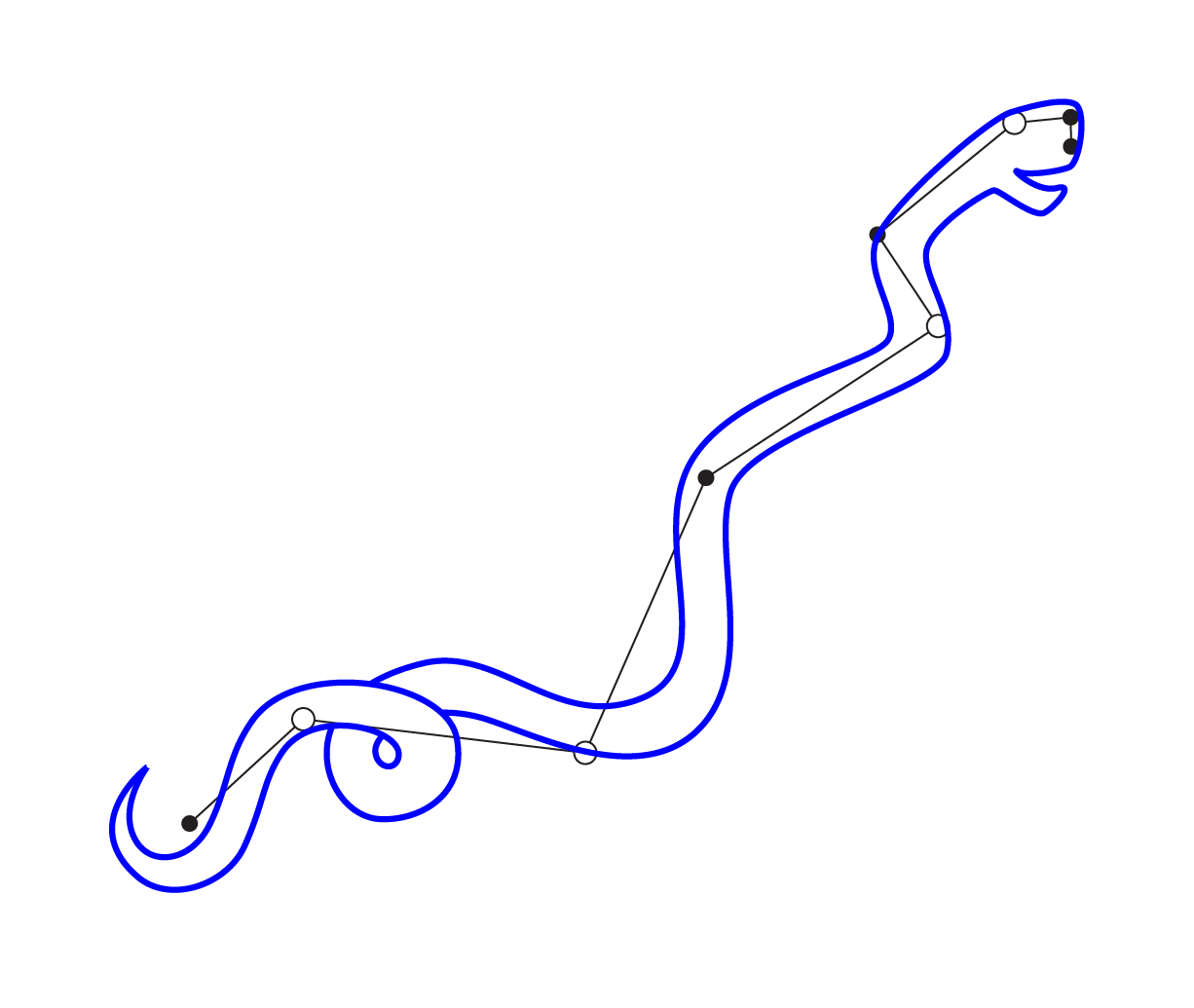 A digital illustration of a roller coaster track design with loops and turns, featuring black and white nodes along the path.