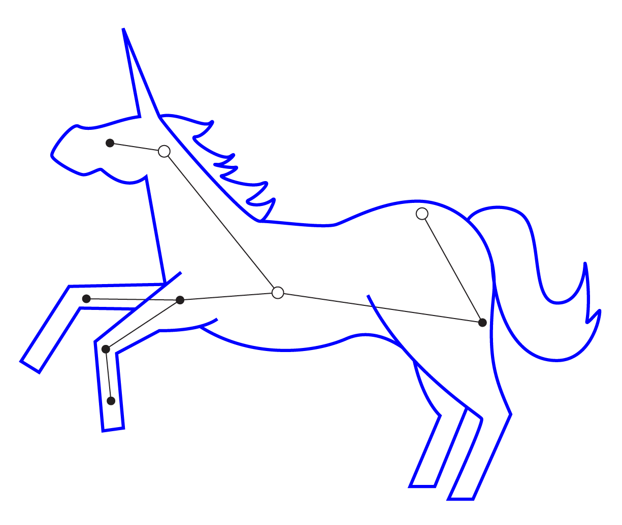 Line drawing of a unicorn with labeled points on its body and a blue outline.