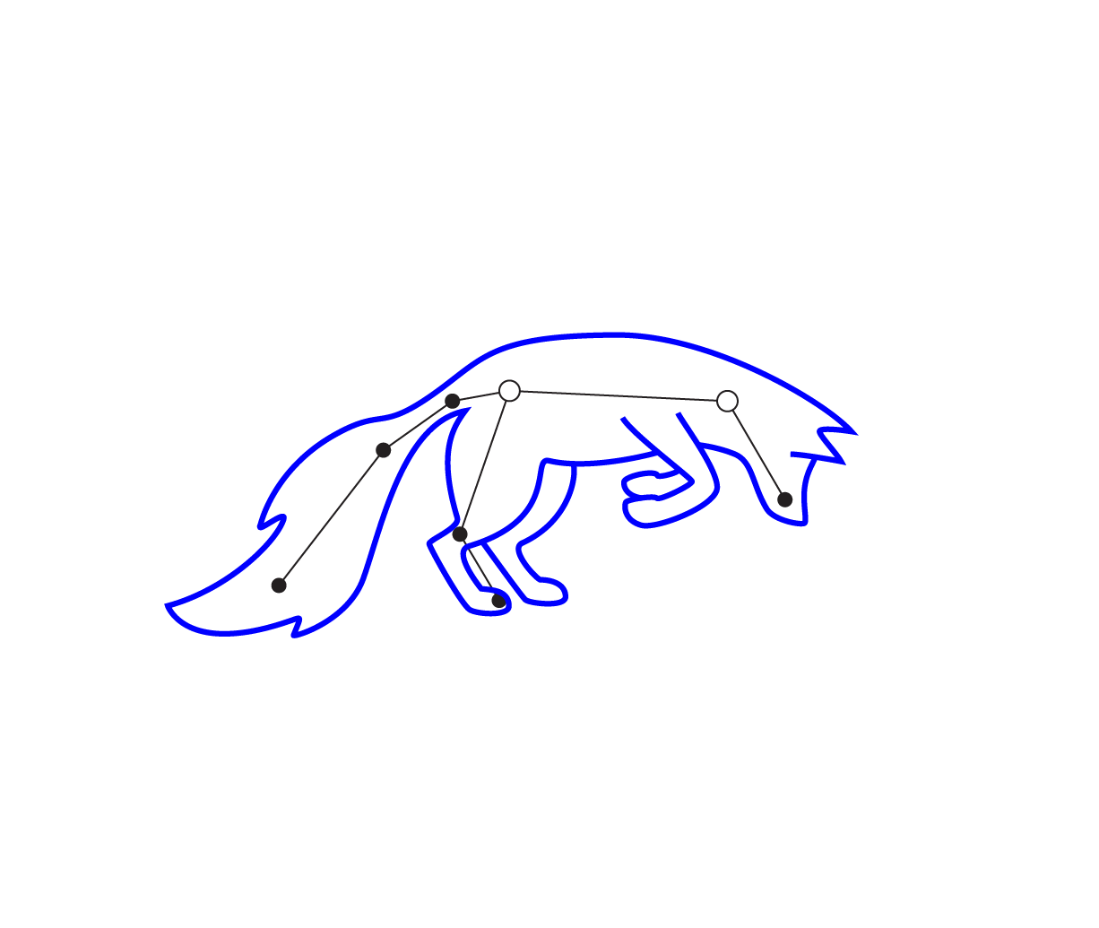 Line art drawing of a fox outline with registration points and connecting lines, intended for embroidery design.