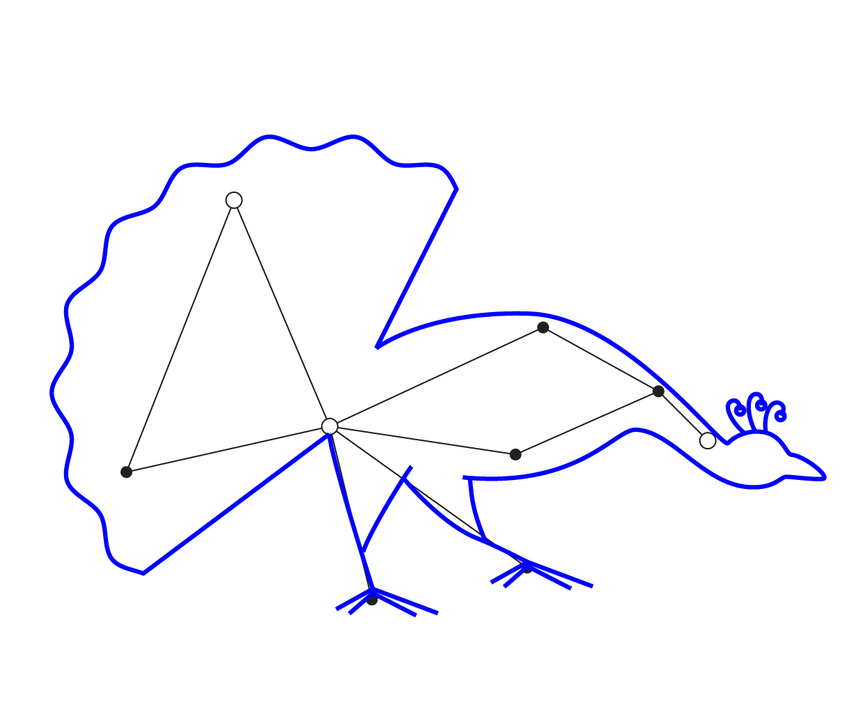 Outline of a peacock with a body decorated by a star constellation pattern, with the peacock's tail and body outlined in blue and the constellation dots in black and white.